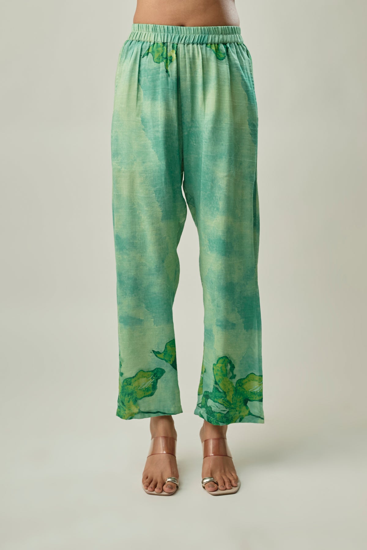 Green Floral Printed Satin Linen Co-ord Set with Sugar Bead Embroidery