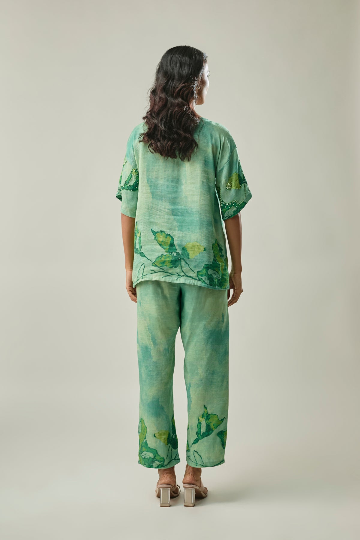 Green Floral Printed Satin Linen Co-ord Set with Sugar Bead Embroidery