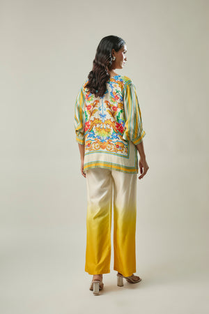 Model wearing yellow & ivory satin linen co-ord set
