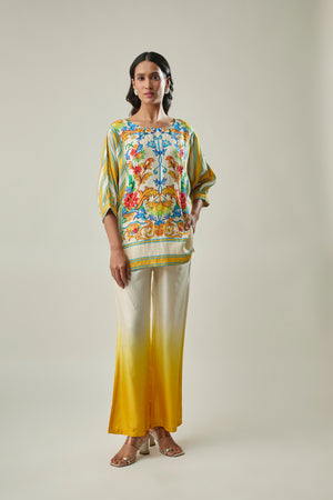Yellow & Ivory satin linen co-ord set front view