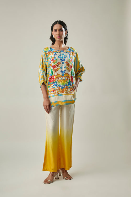 Yellow & Ivory satin linen co-ord set front view