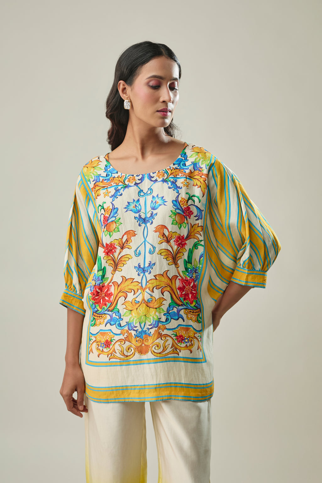 Yellow & Ivory co-ord set floral print with sugar-bead and thread work detail