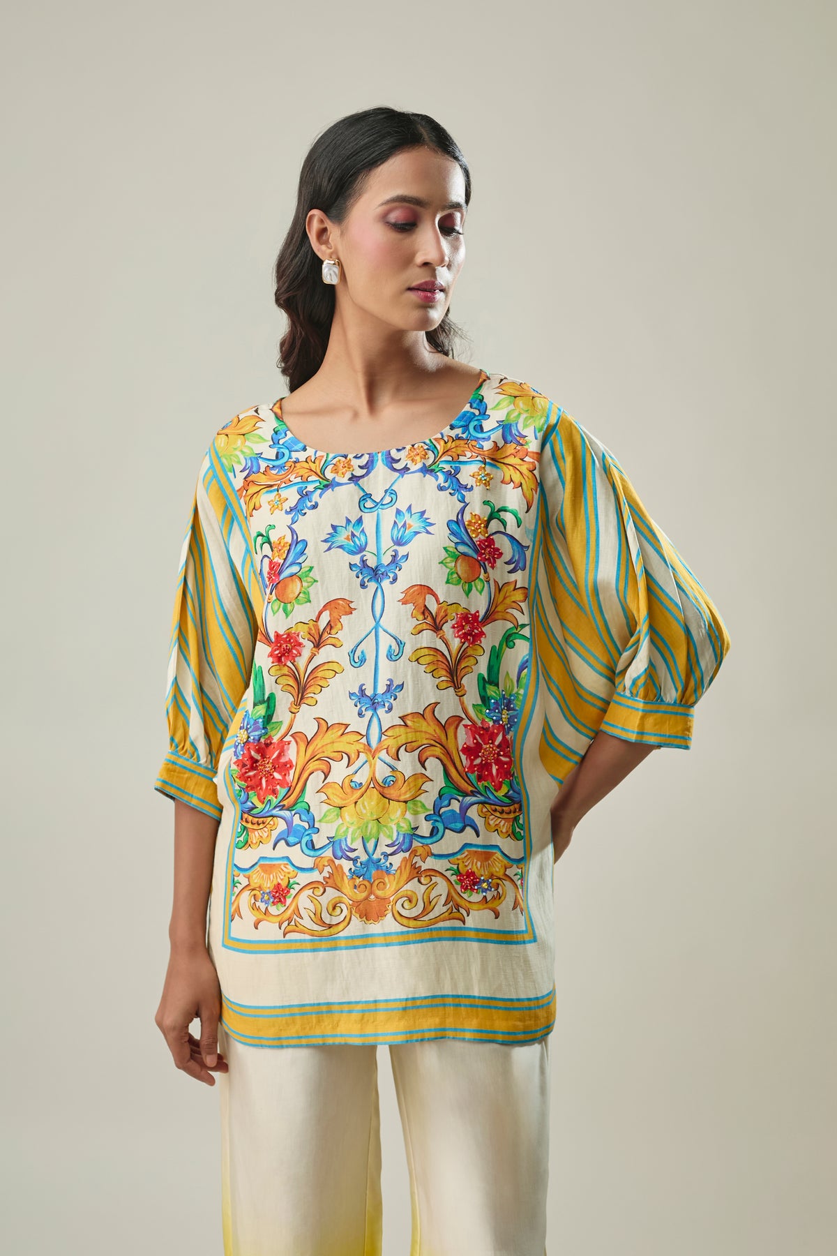 Yellow and Ivory Satin Linen Co-Ord Set With Floral Print