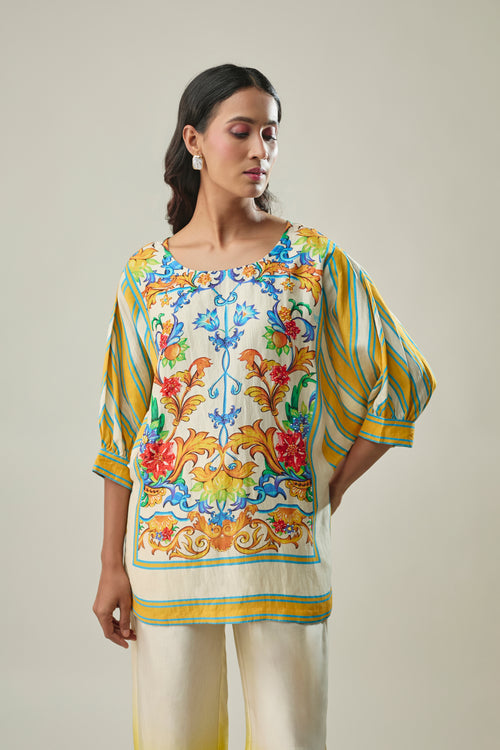 Yellow and Ivory Satin Linen Co-Ord Set With Floral Print