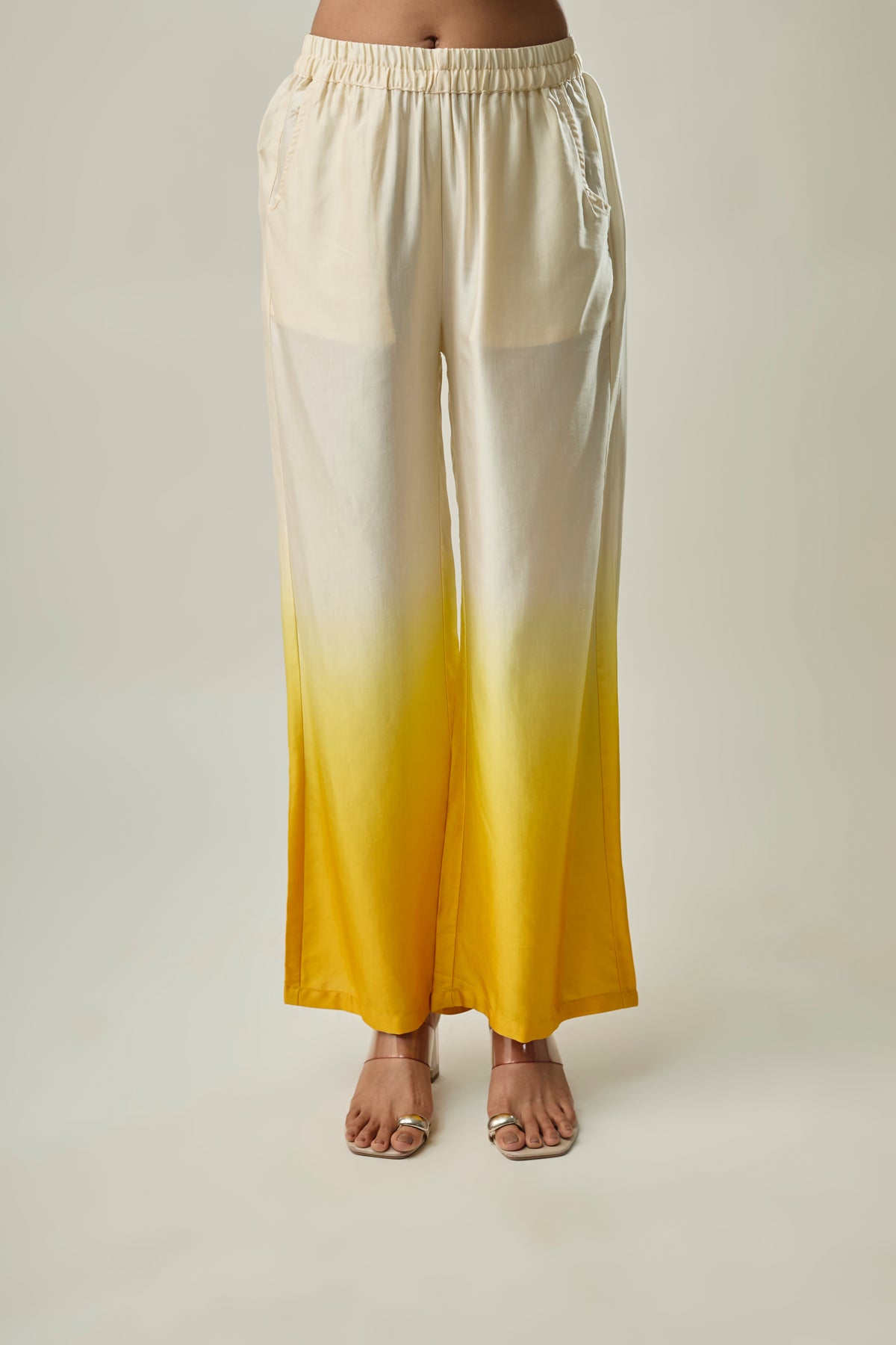 Yellow Floral Printed Satin Linen Co-ord Set with Ombre Pants