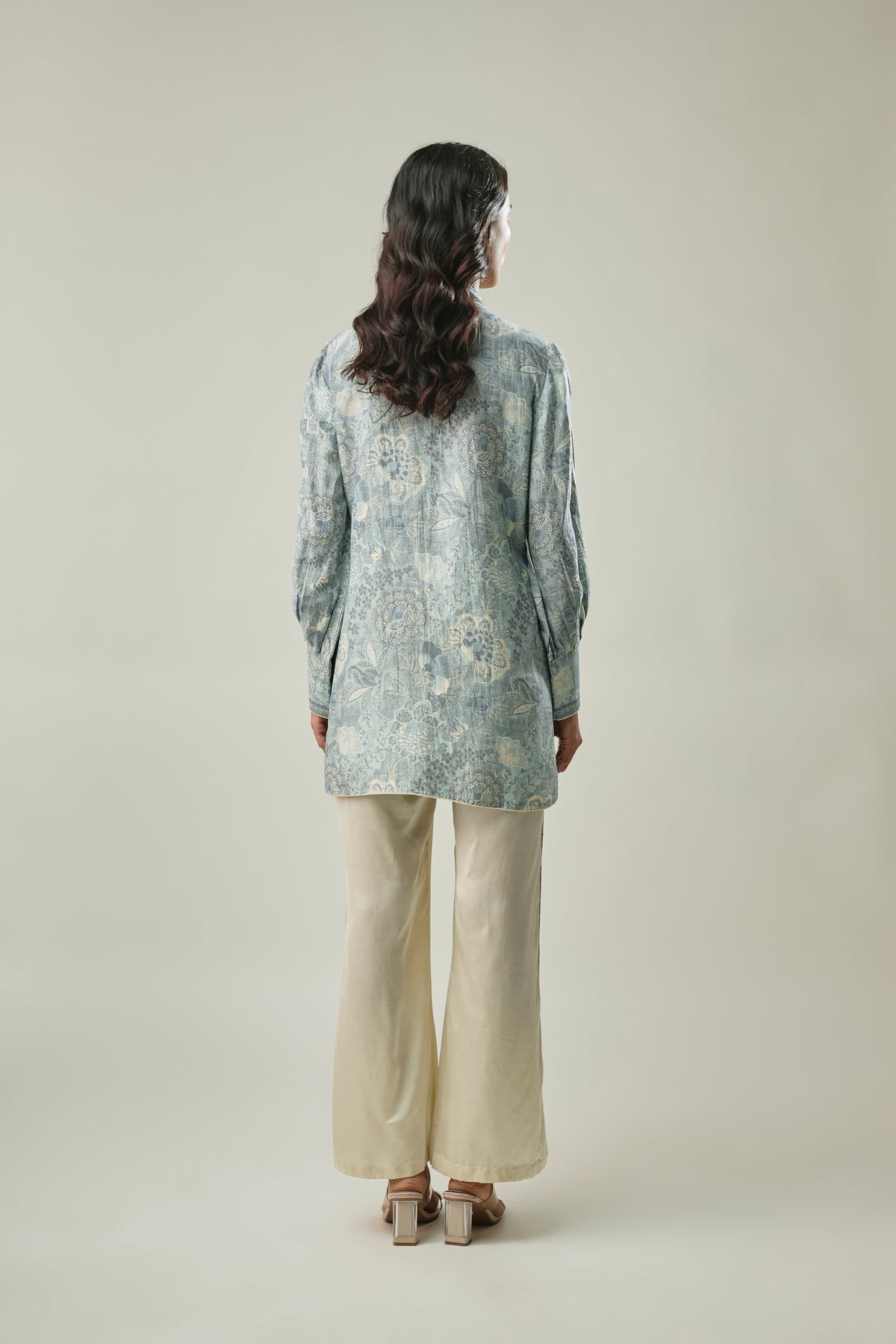 Model wearing ice blue & ivory satin linen co-ord set