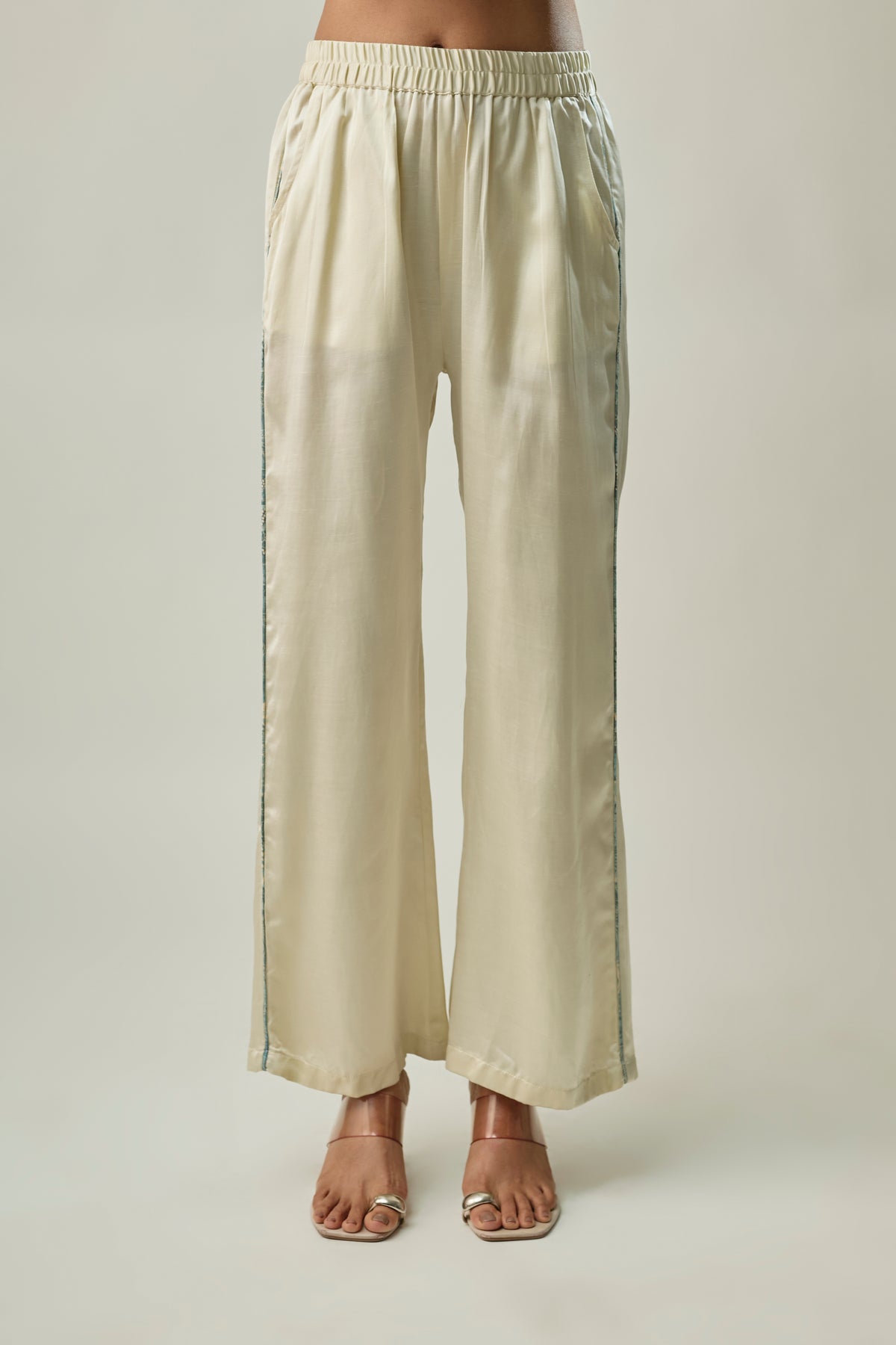 Ice Blue Printed Satin Linen Co-ord Set with Tie-Neck Collar
