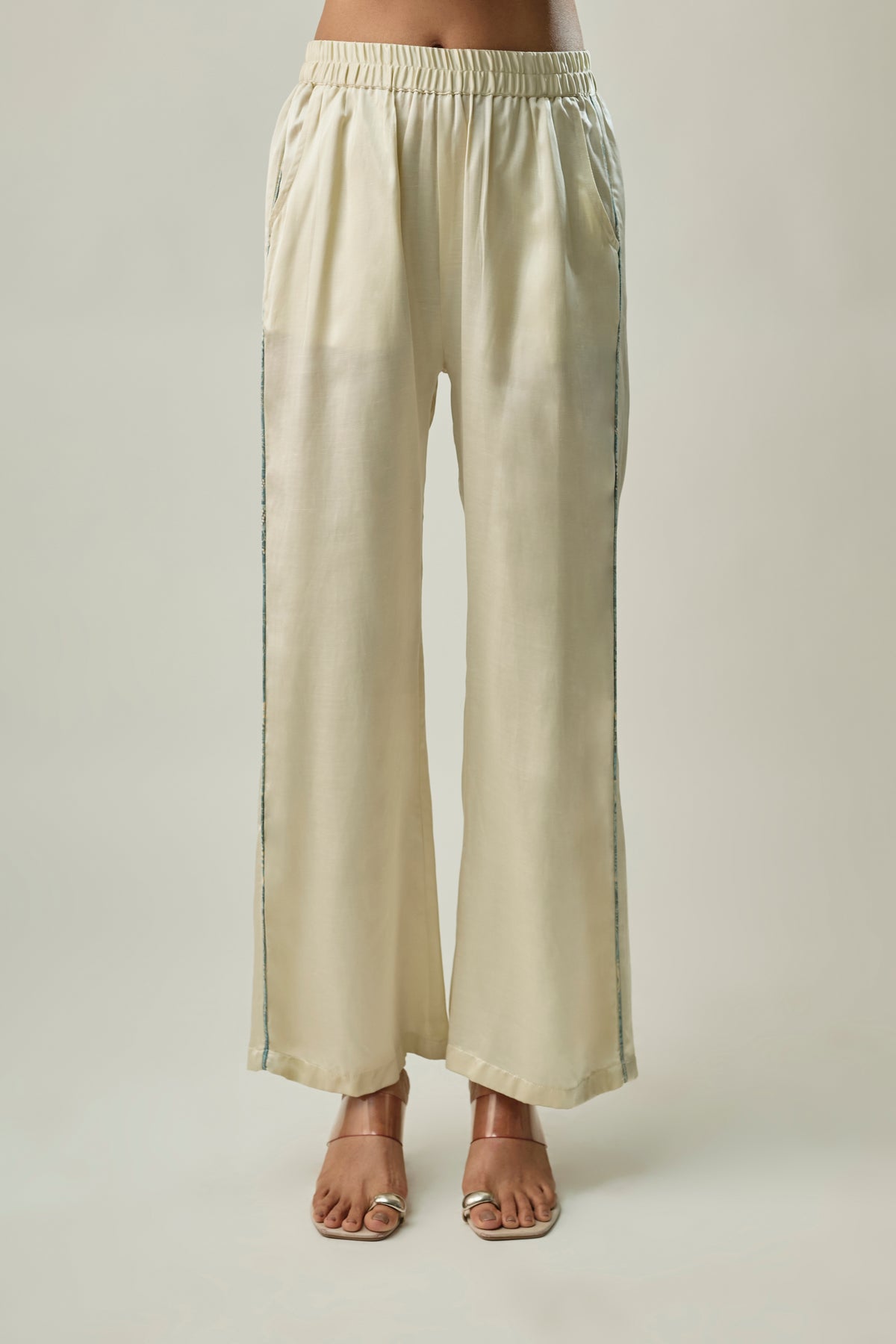 Ice Blue Printed Satin Linen Co-ord Set with Tie-Neck Collar