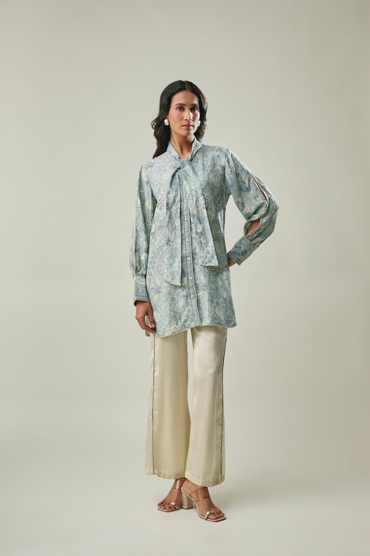 Ice Blue & Ivory satin linen co-ord set front view