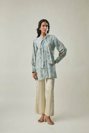 Ice Blue & Ivory satin linen co-ord set front view