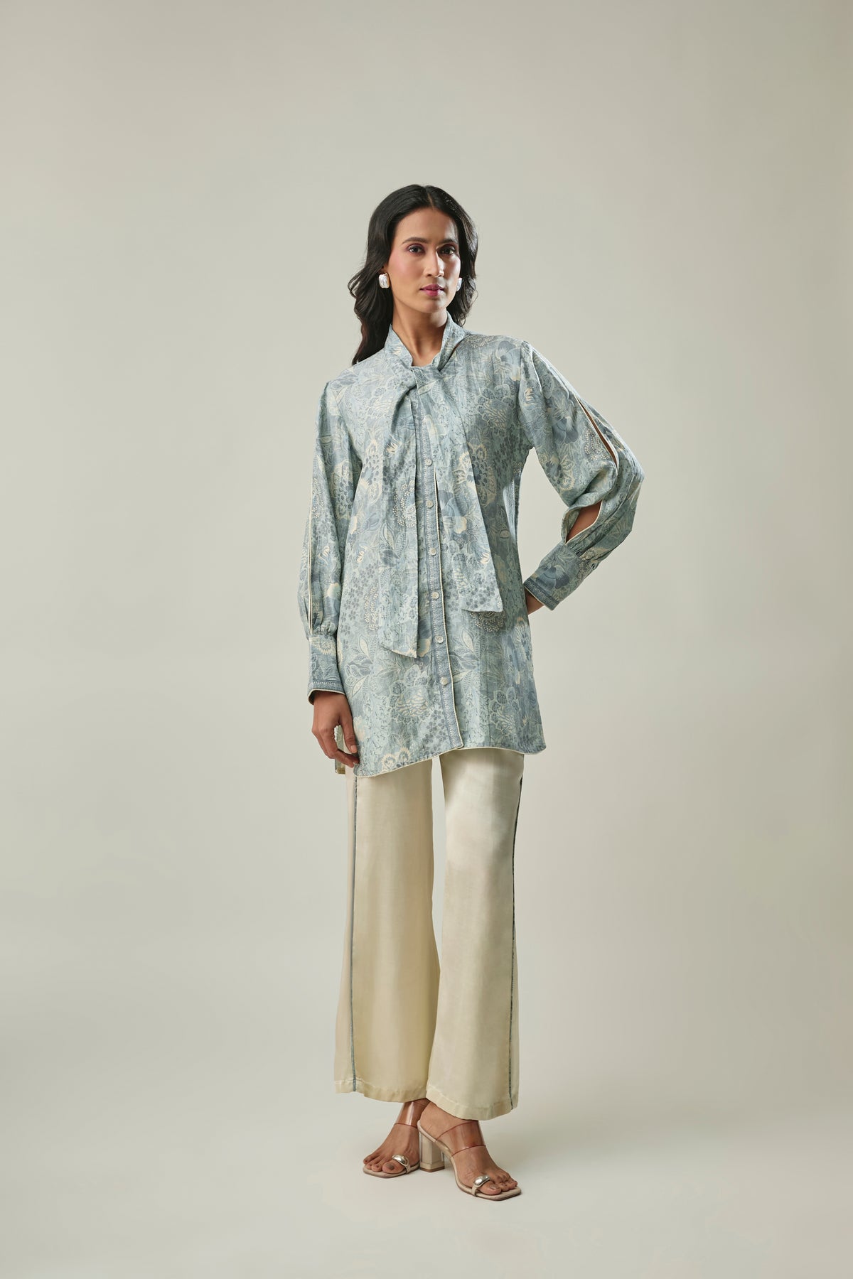 Ice Blue Printed Satin Linen Co-ord Set with Tie-Neck Collar