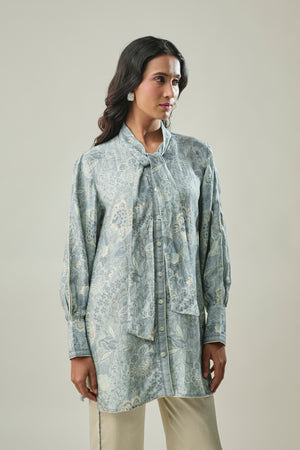 Ice Blue & Ivory co-ord set all-over print with tie-neck collar detail