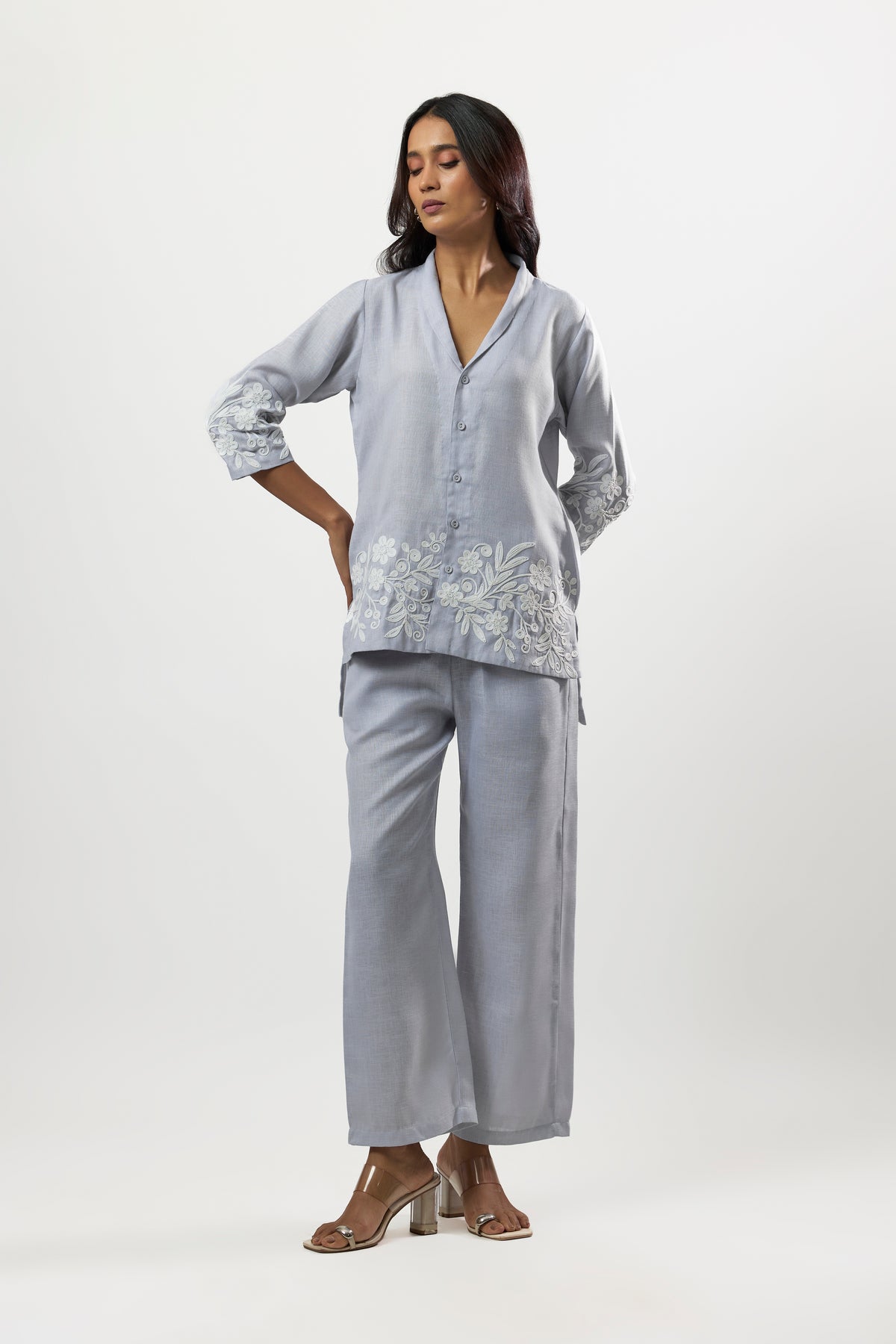 Blue and white embroidered co-ord set front view