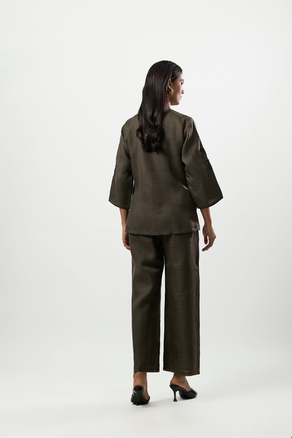 OLIVE GREEN CONTRAST BLACK EMBROIDERED CORD SET