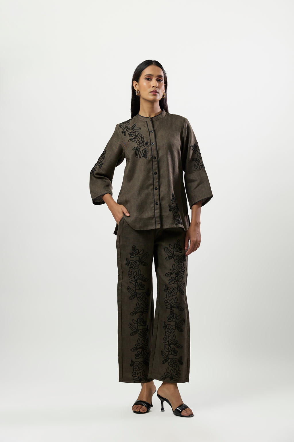 OLIVE GREEN CONTRAST BLACK EMBROIDERED CORD SET