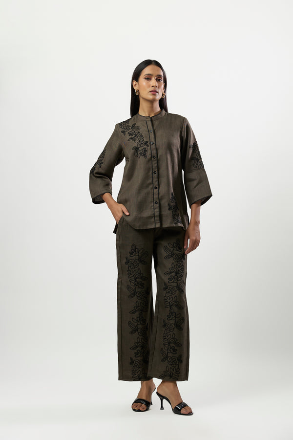 OLIVE GREEN CONTRAST BLACK EMBROIDERED CORD SET