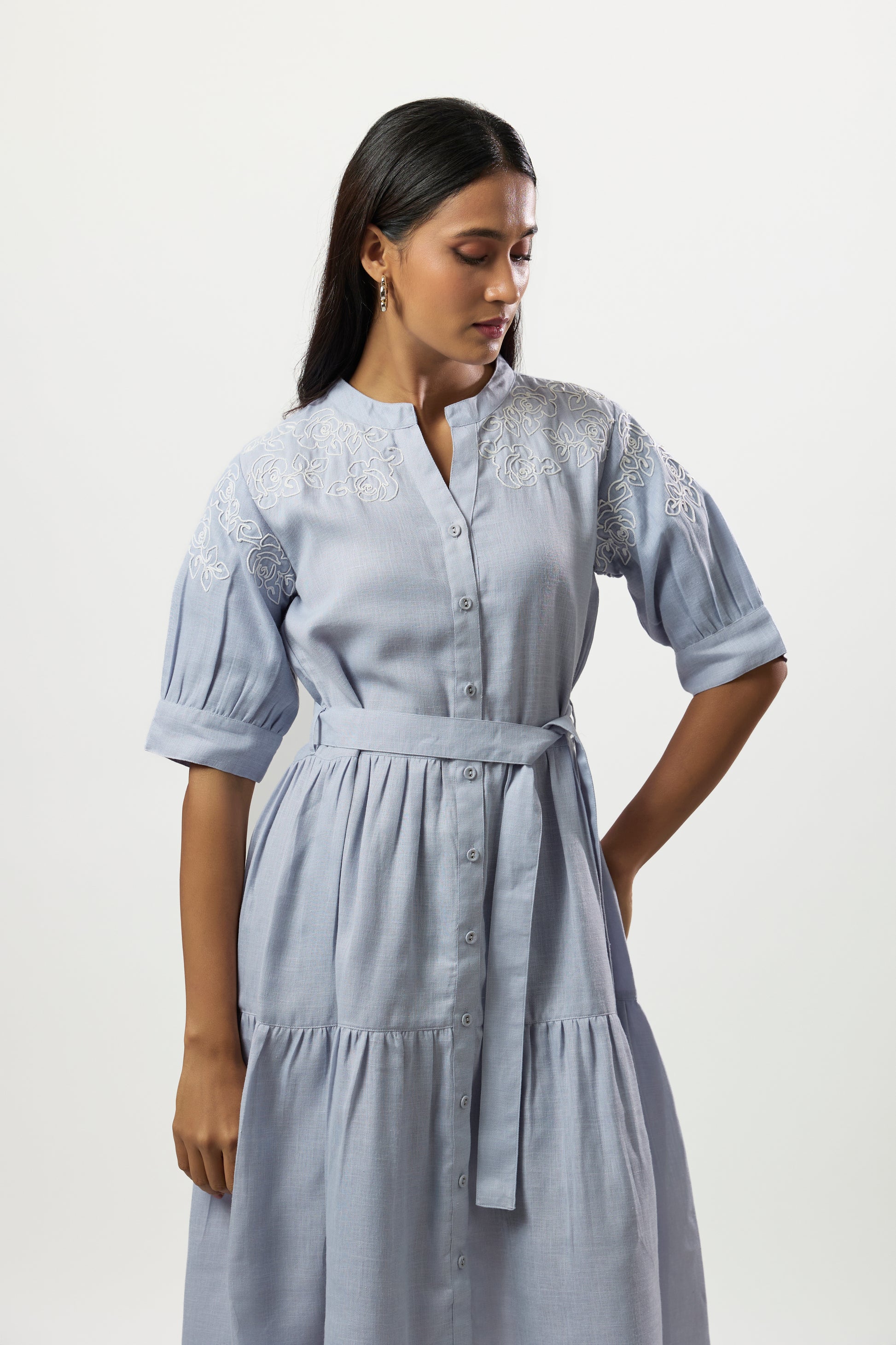 LIGTH BLUE WITH WHITE COAD EMBROIDERED DRESS