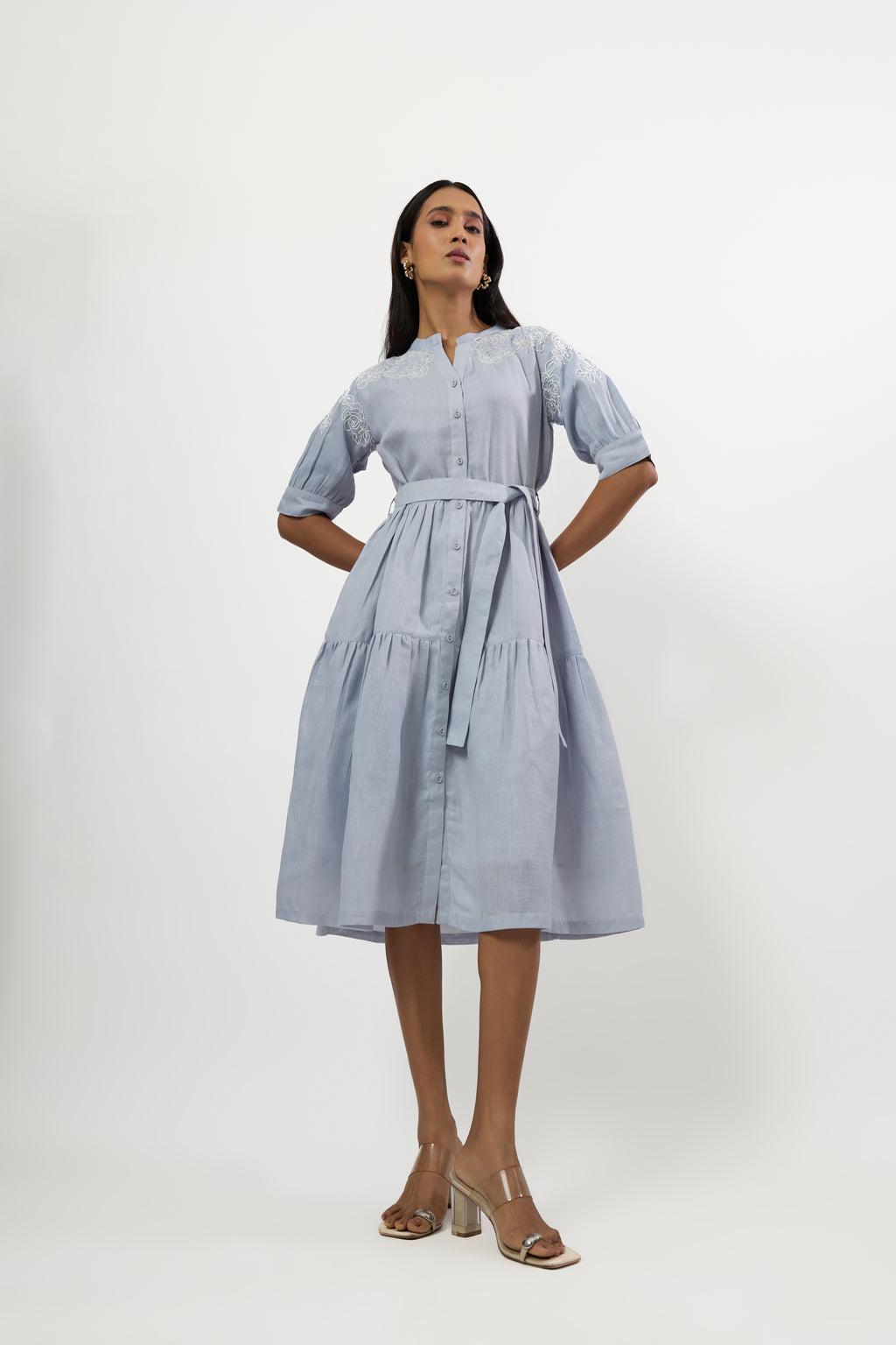 LIGTH BLUE WITH WHITE COAD EMBROIDERED DRESS