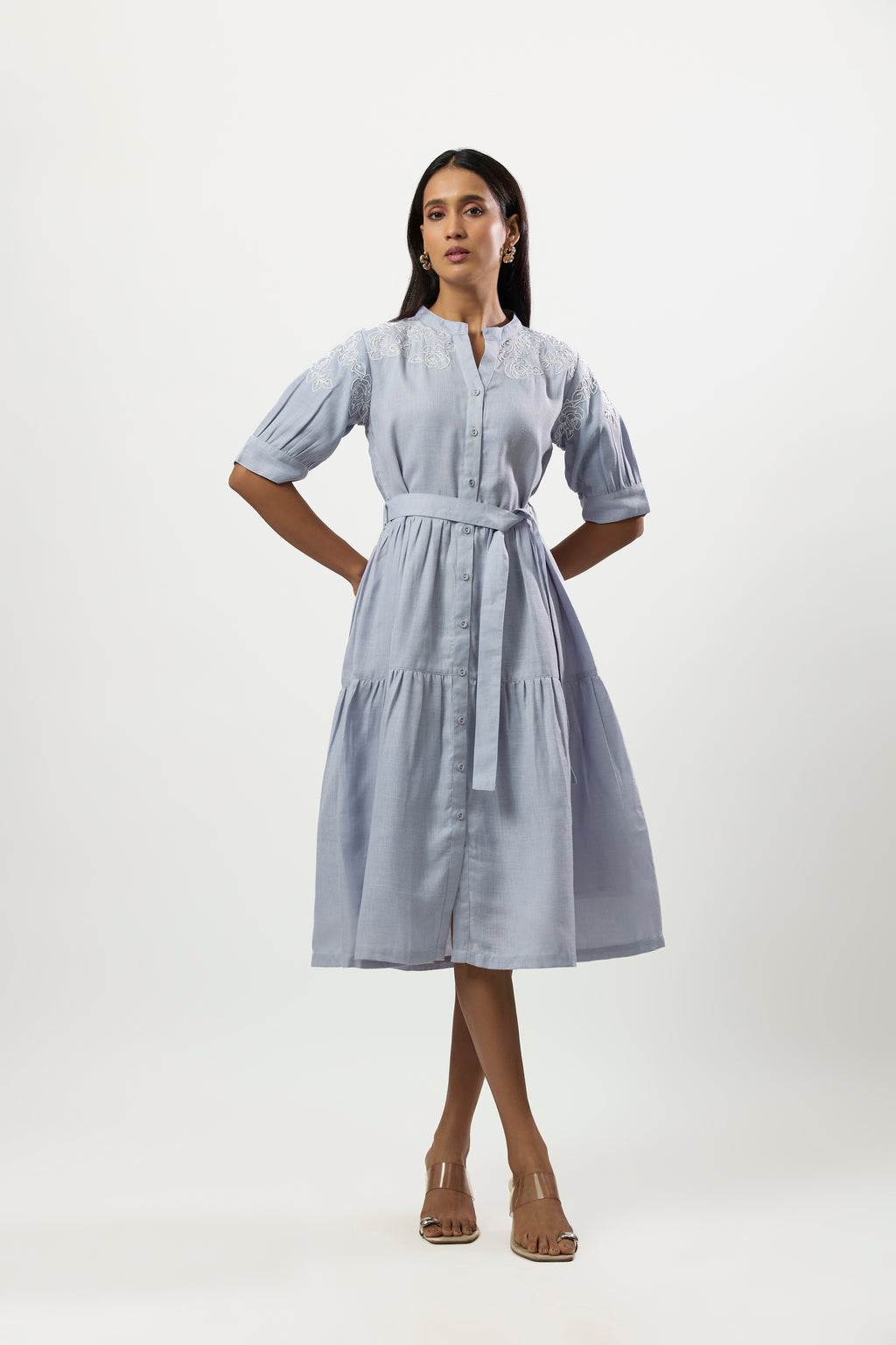 LIGTH BLUE WITH WHITE COAD EMBROIDERED DRESS