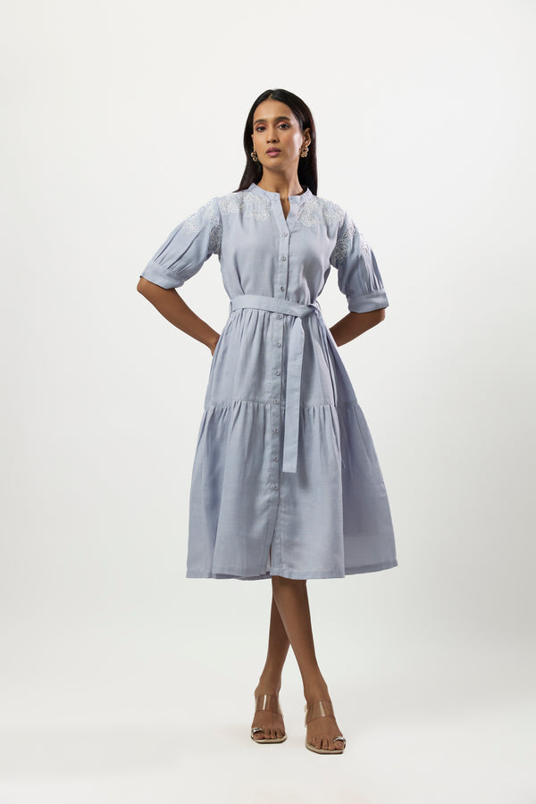 LIGTH BLUE WITH WHITE COAD EMBROIDERED DRESS