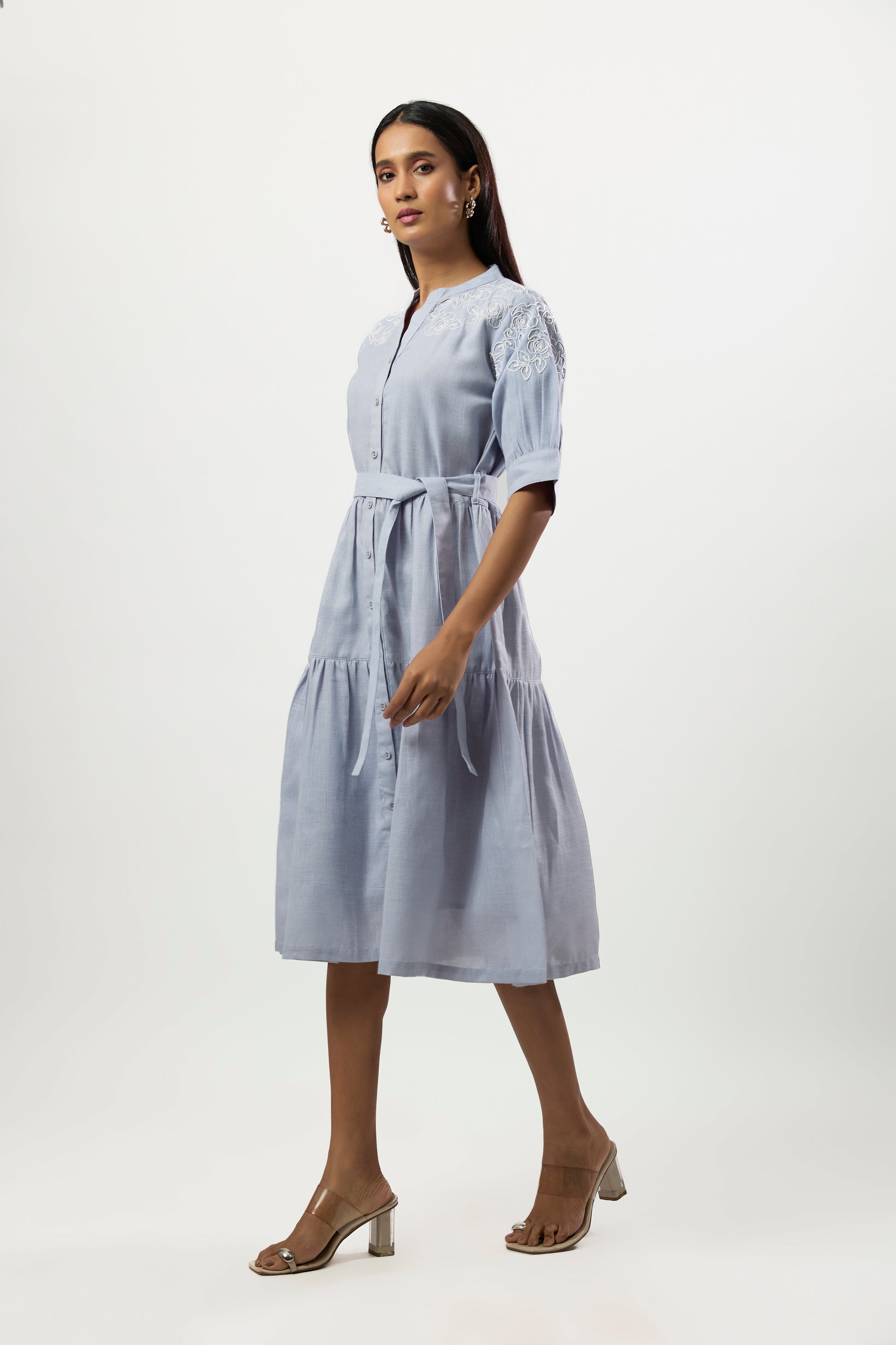 LIGTH BLUE WITH WHITE COAD EMBROIDERED DRESS