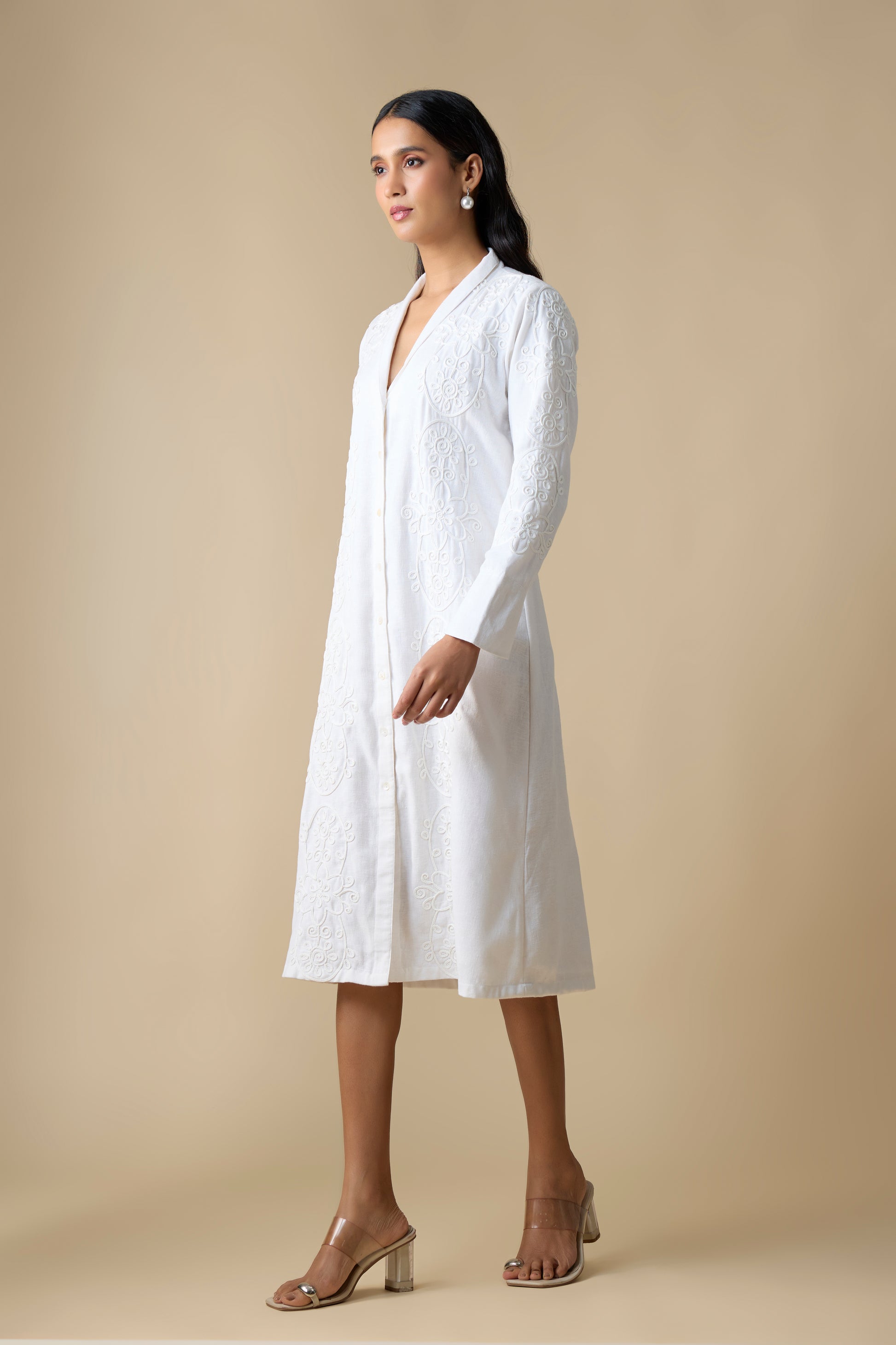 WHITE TONAL COADDING EMBROIDERY DRESS
