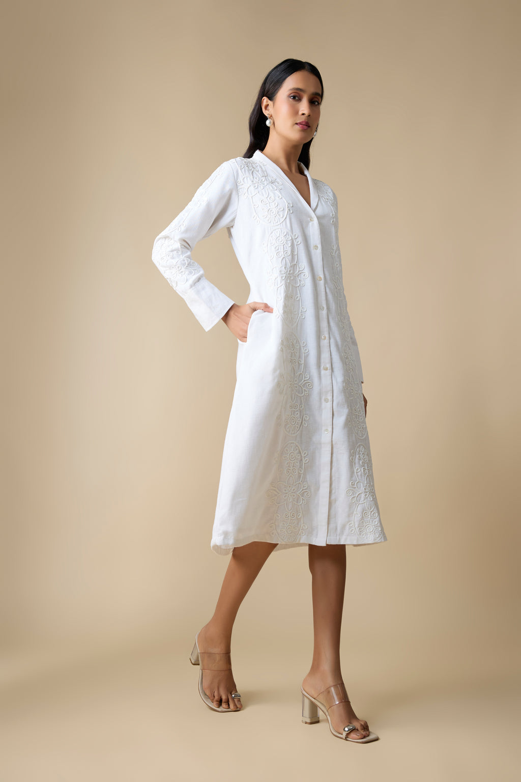 WHITE TONAL COADDING EMBROIDERY DRESS