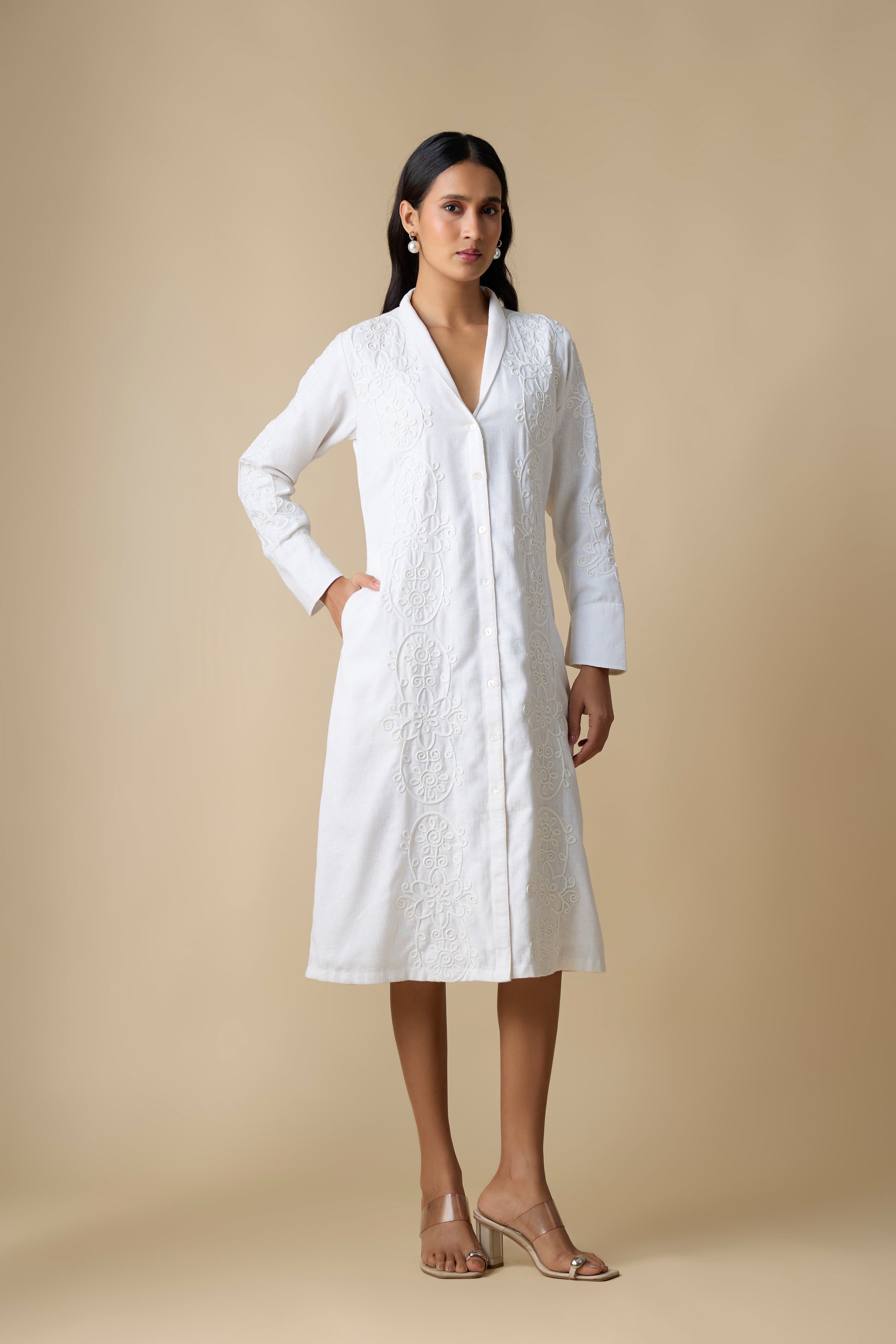 WHITE TONAL COADDING EMBROIDERY DRESS