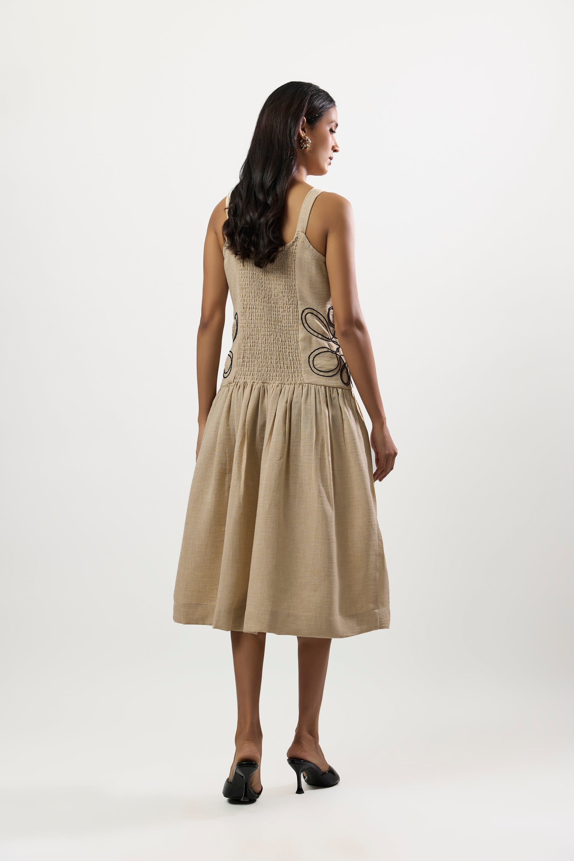 BEIGE WITH CONTEMPORY BLACK EMBROIDERED DRESS