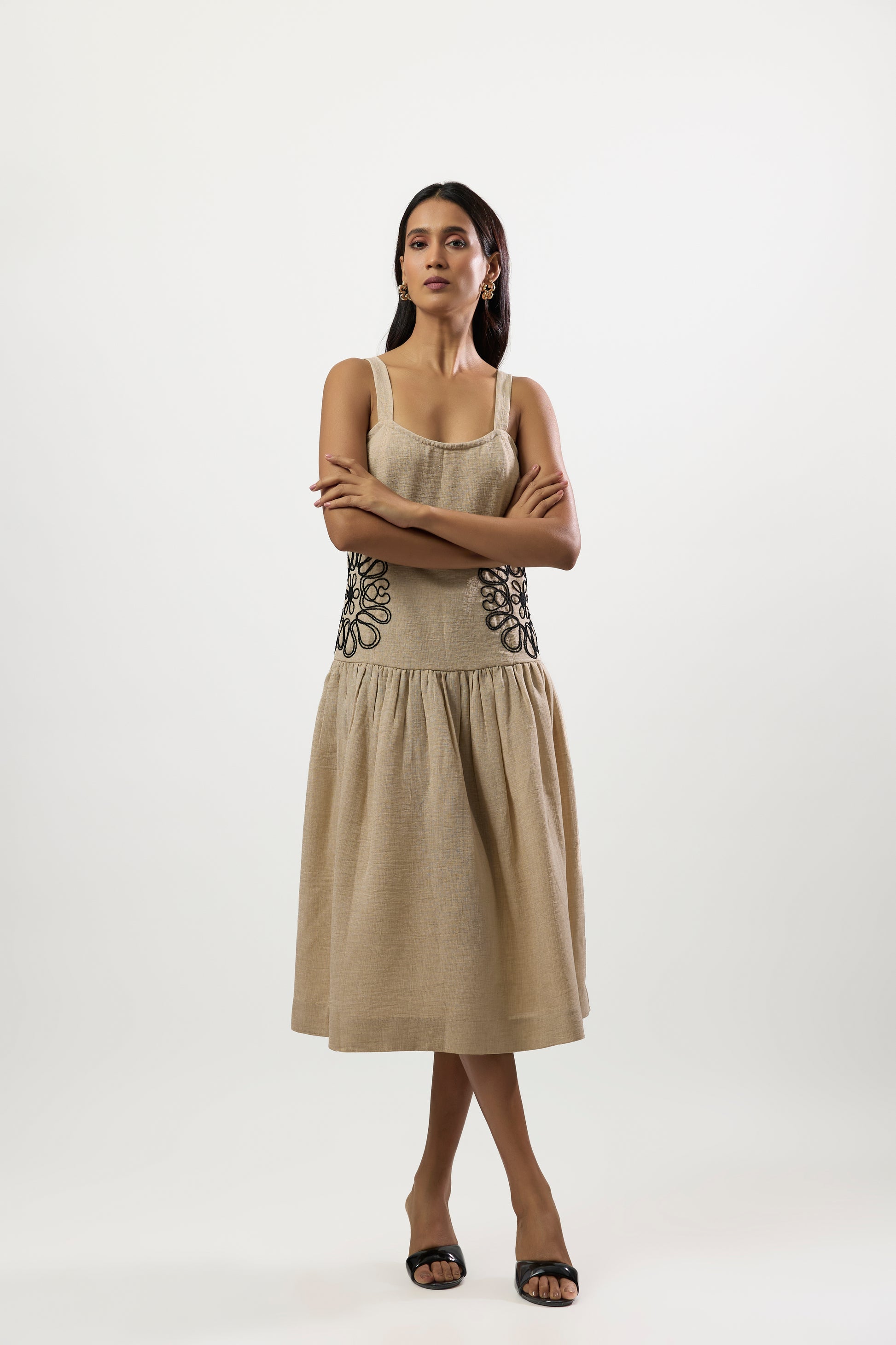 BEIGE WITH CONTEMPORY BLACK EMBROIDERED DRESS