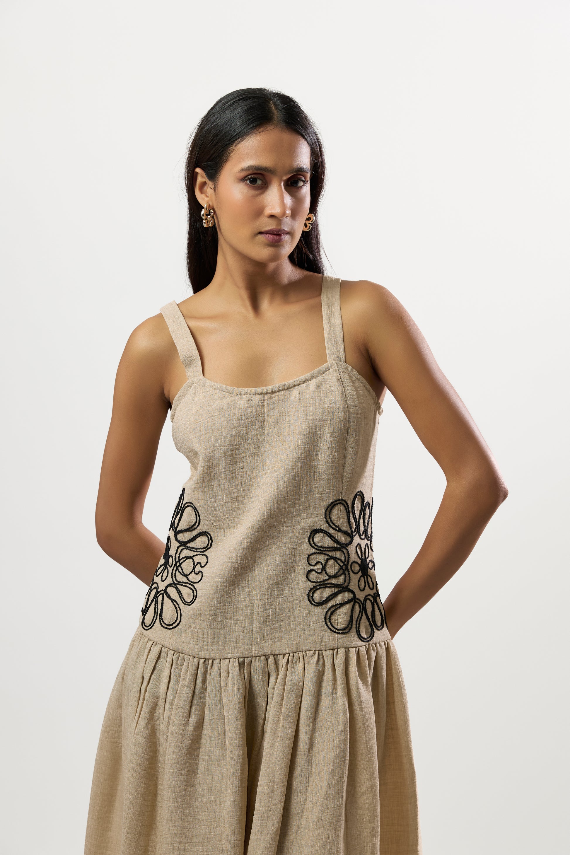 BEIGE WITH CONTEMPORY BLACK EMBROIDERED DRESS