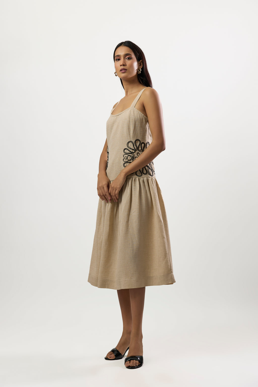 BEIGE WITH CONTEMPORY BLACK EMBROIDERED DRESS