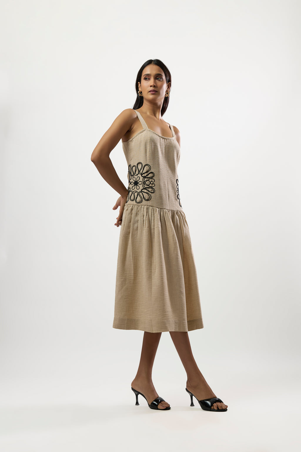 BEIGE WITH CONTEMPORY BLACK EMBROIDERED DRESS
