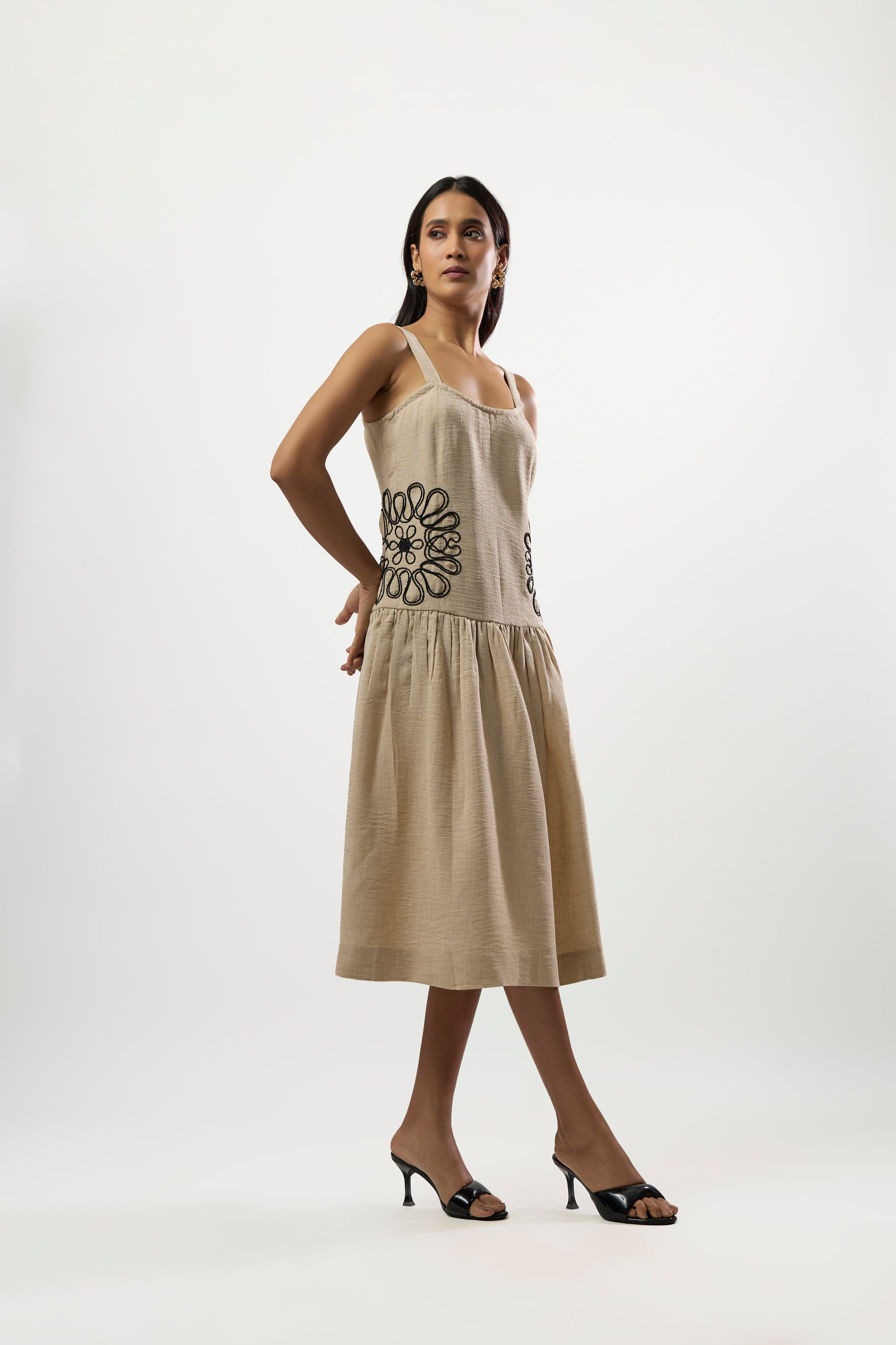 BEIGE WITH CONTEMPORY BLACK EMBROIDERED DRESS