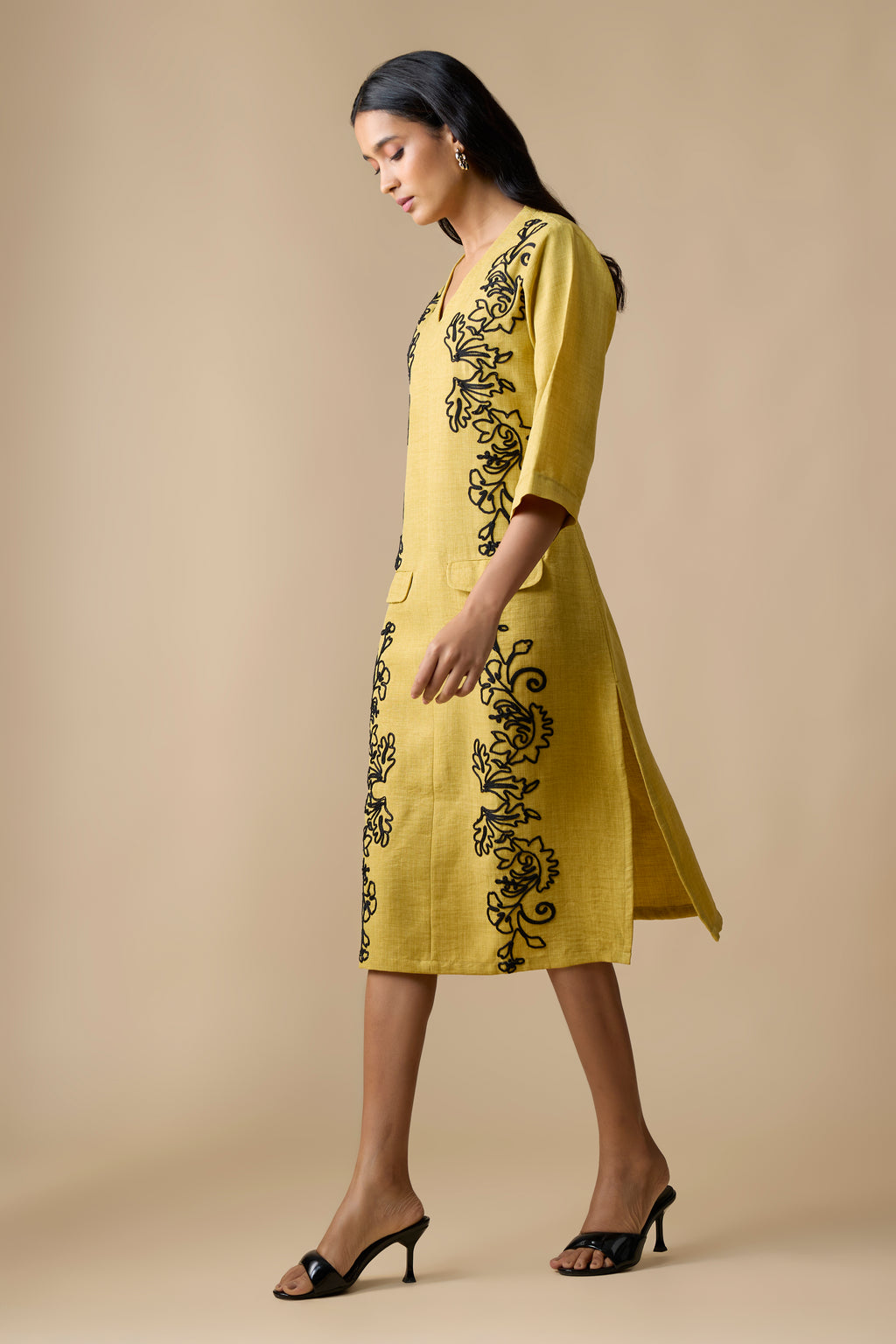 GOLDEN PLAM COLOR WITH BLACK COAD EMBROIDERED DRESS