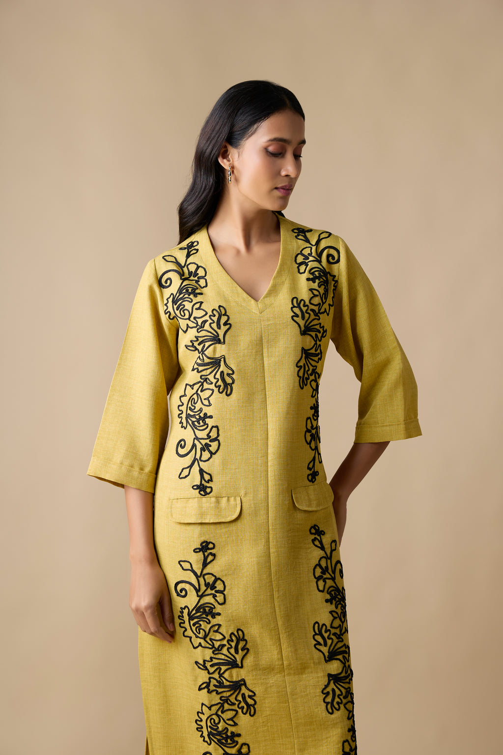 GOLDEN PLAM COLOR WITH BLACK COAD EMBROIDERED DRESS