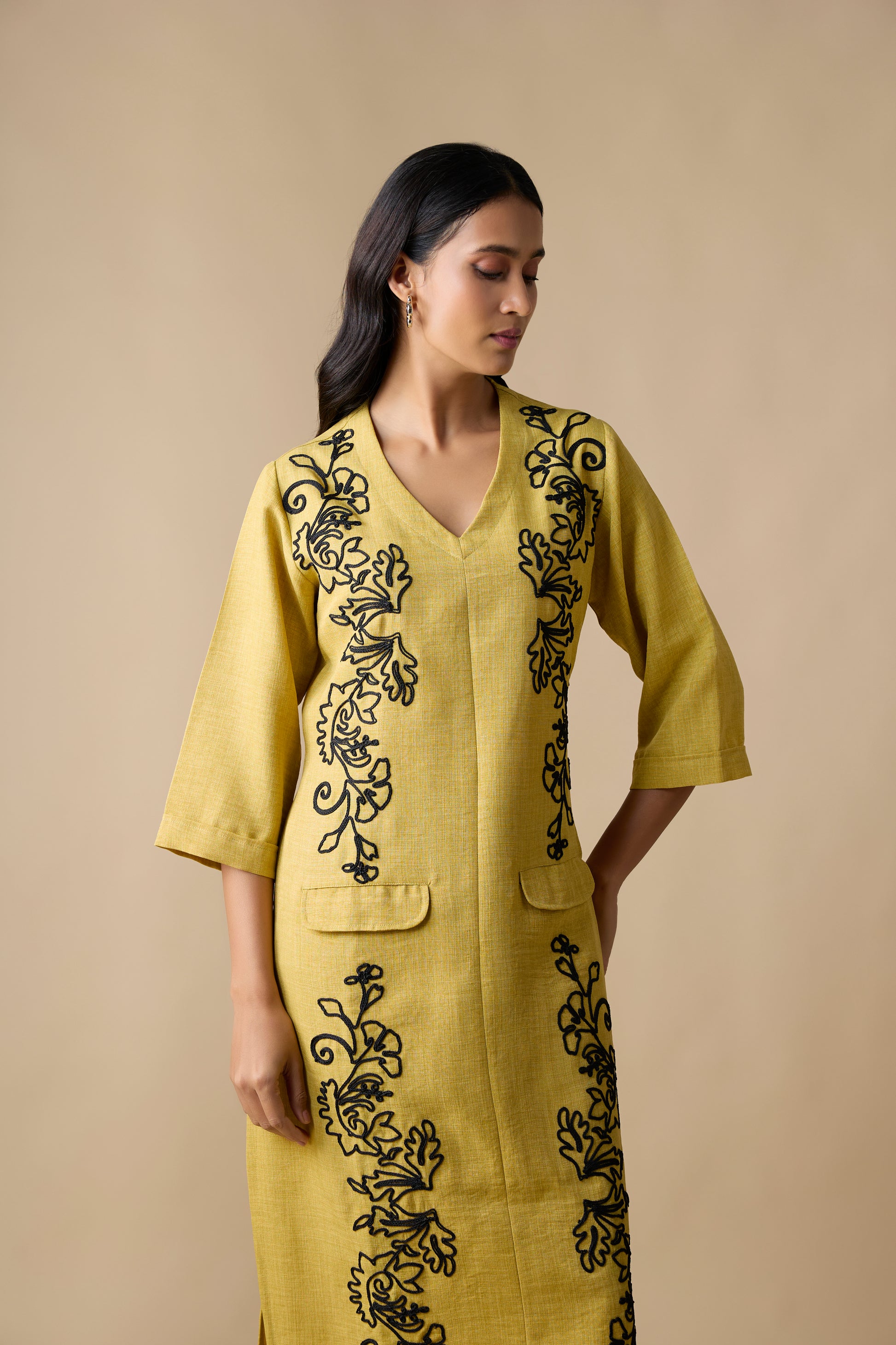 GOLDEN PLAM COLOR WITH BLACK COAD EMBROIDERED DRESS