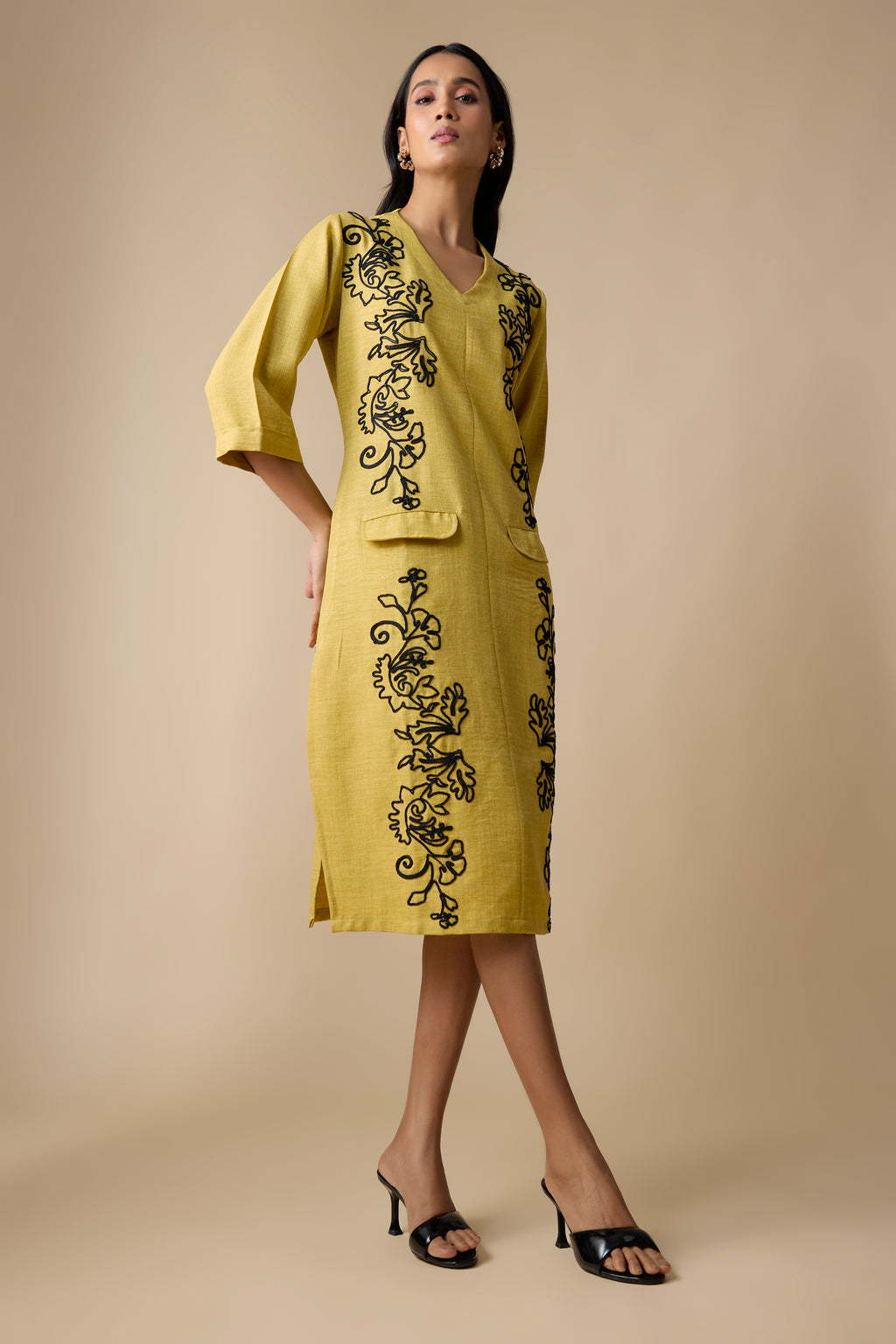 GOLDEN PLAM COLOR WITH BLACK COAD EMBROIDERED DRESS