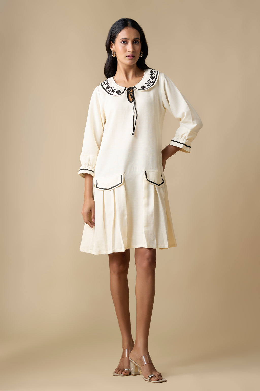 WHITE WITH BLACK EMBROIDERED DRESS