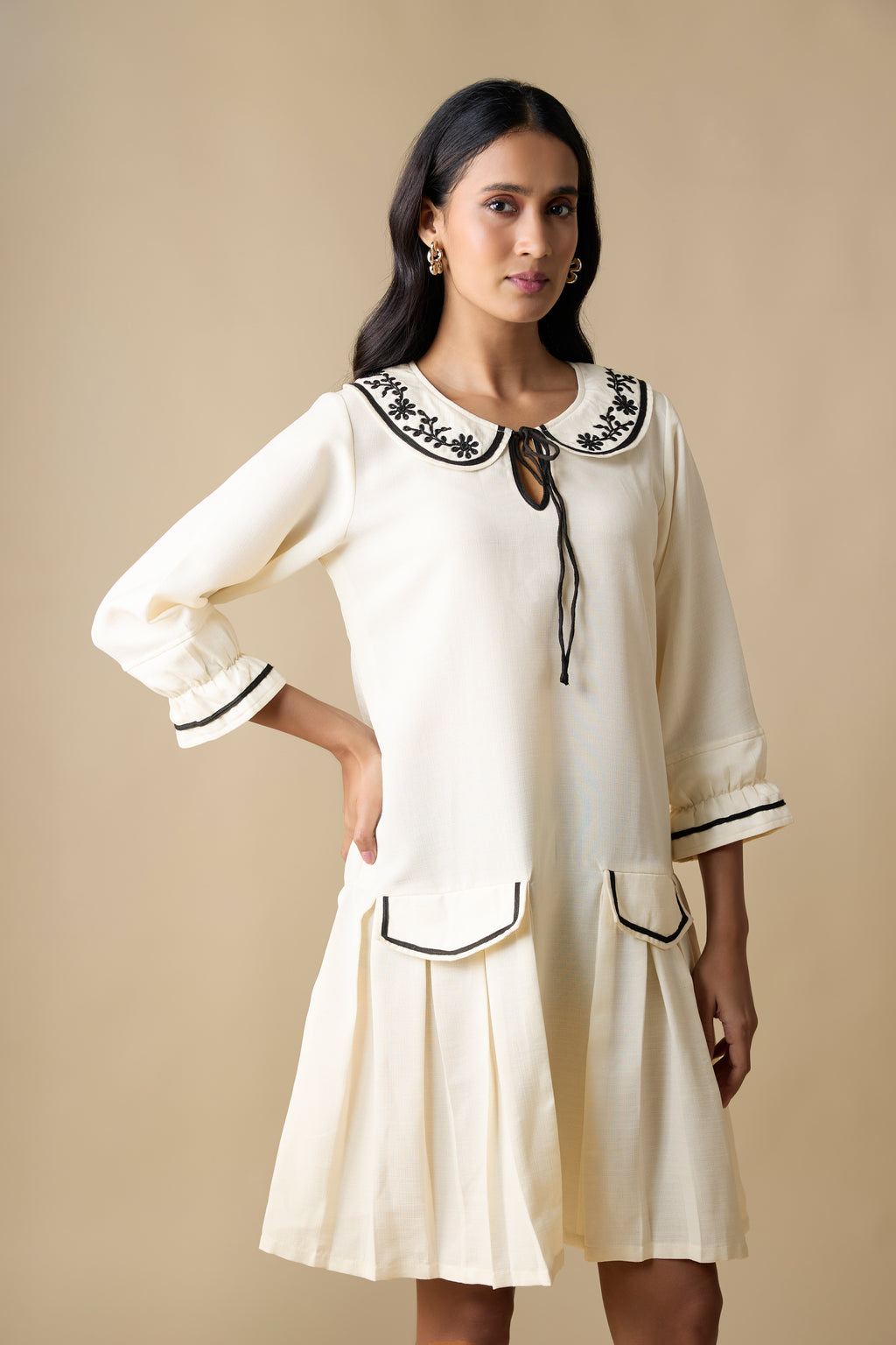 WHITE WITH BLACK EMBROIDERED DRESS