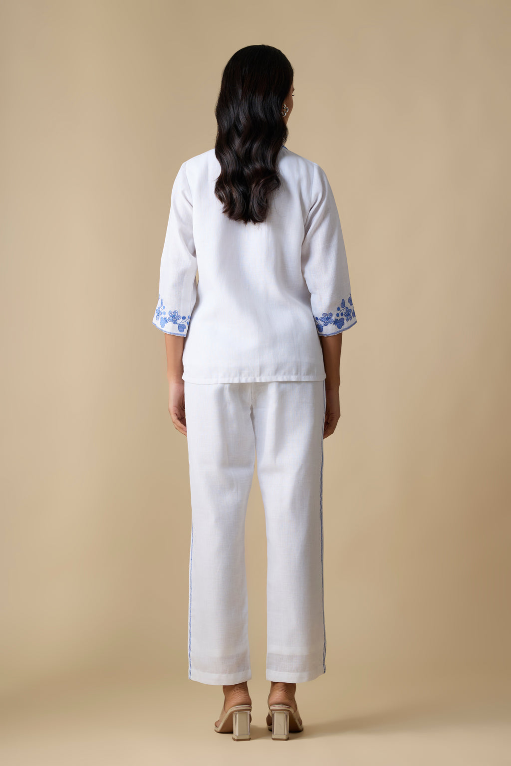 WHITE WITH BLUE EMBROIDERED SHIRT &TROUSERS