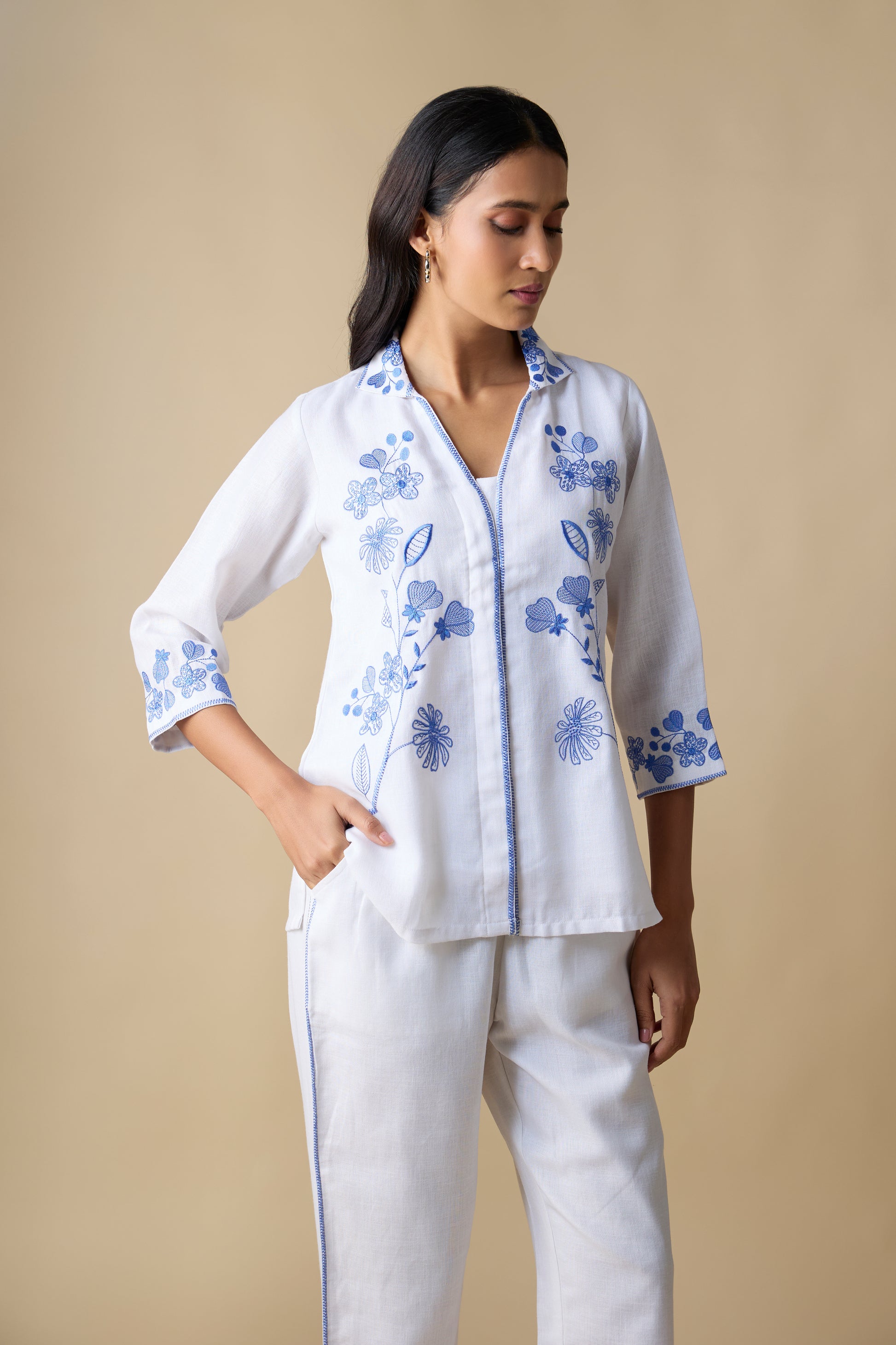 WHITE WITH BLUE EMBROIDERED SHIRT &TROUSERS