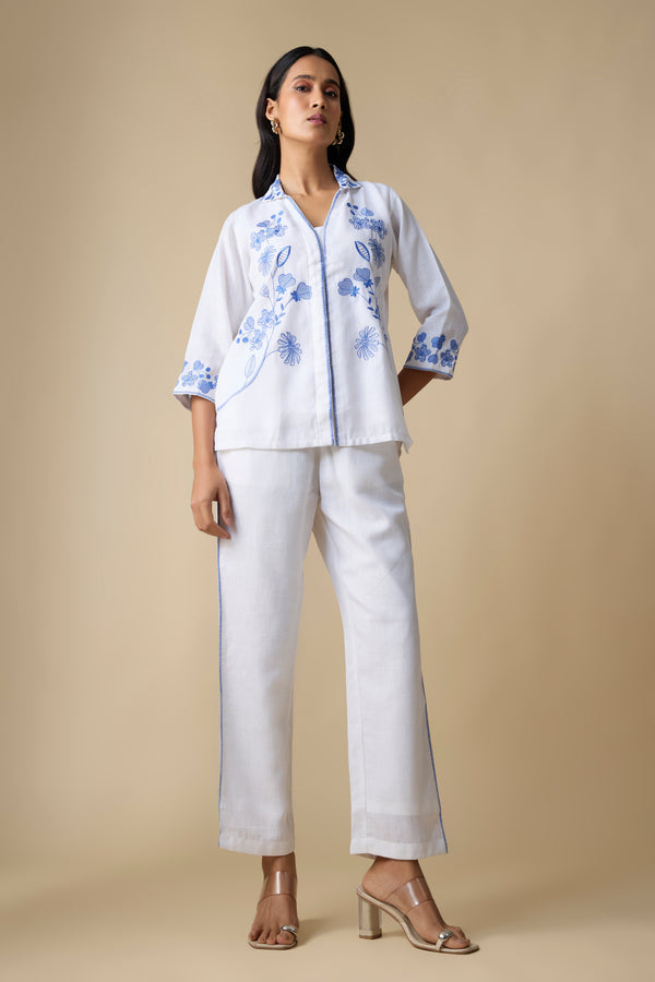 WHITE WITH BLUE EMBROIDERED SHIRT &TROUSERS