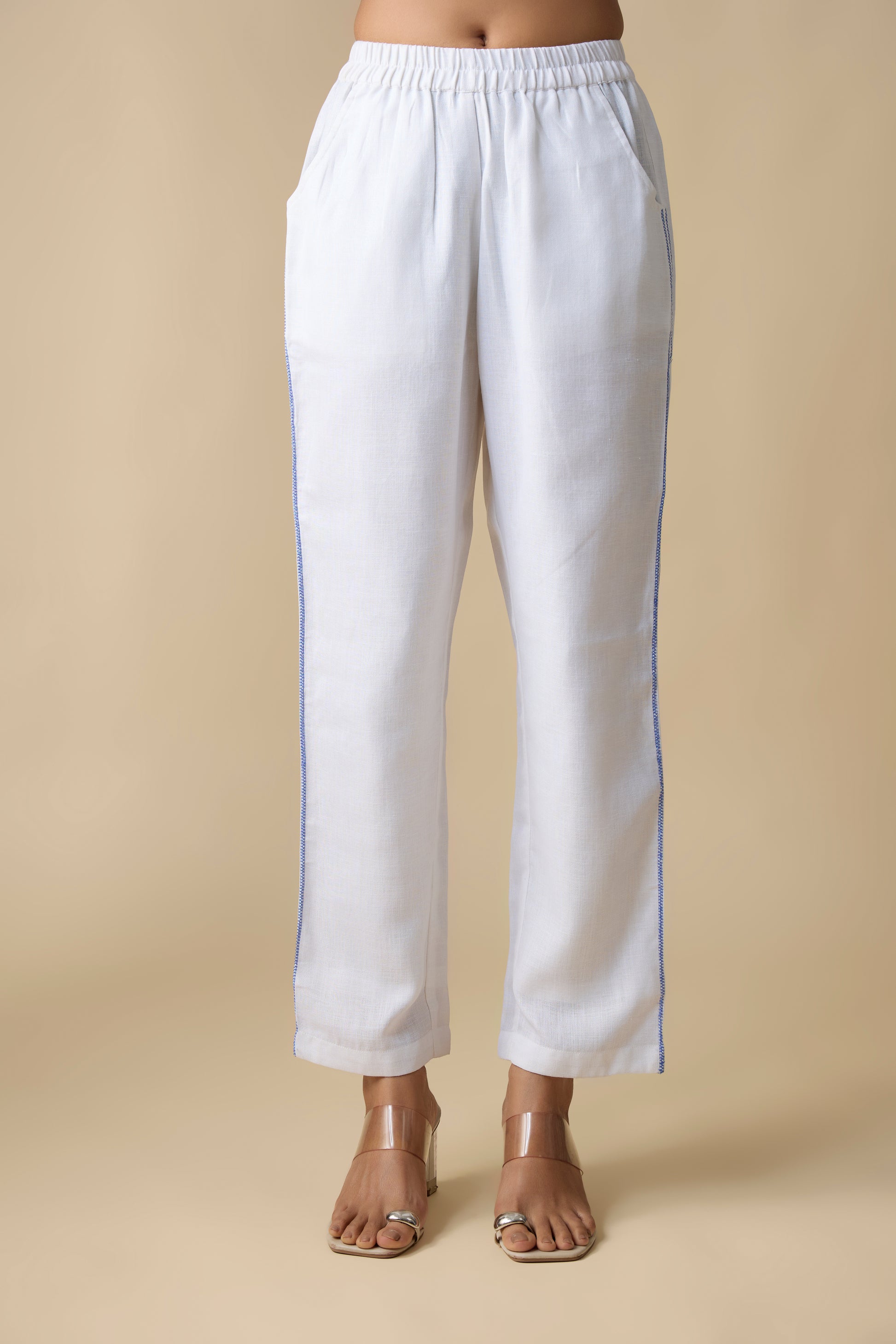 WHITE WITH BLUE EMBROIDERED SHIRT &TROUSERS