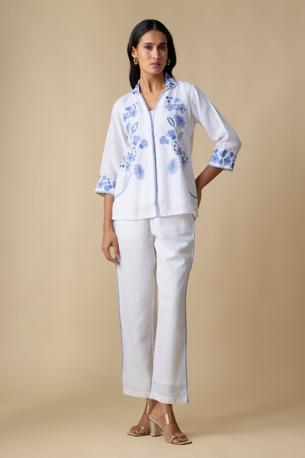 WHITE WITH BLUE EMBROIDERED SHIRT &TROUSERS