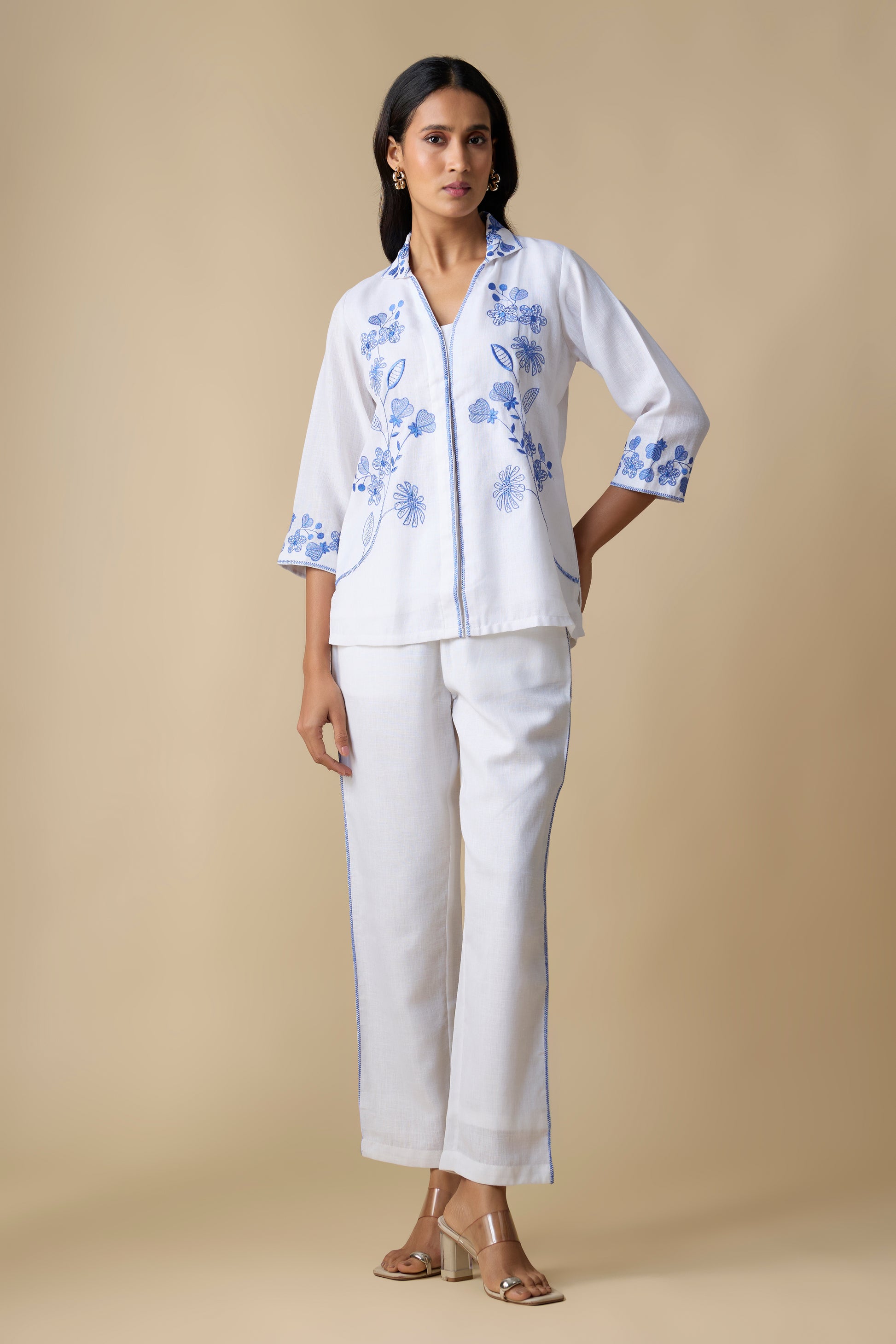 WHITE WITH BLUE EMBROIDERED SHIRT &TROUSERS