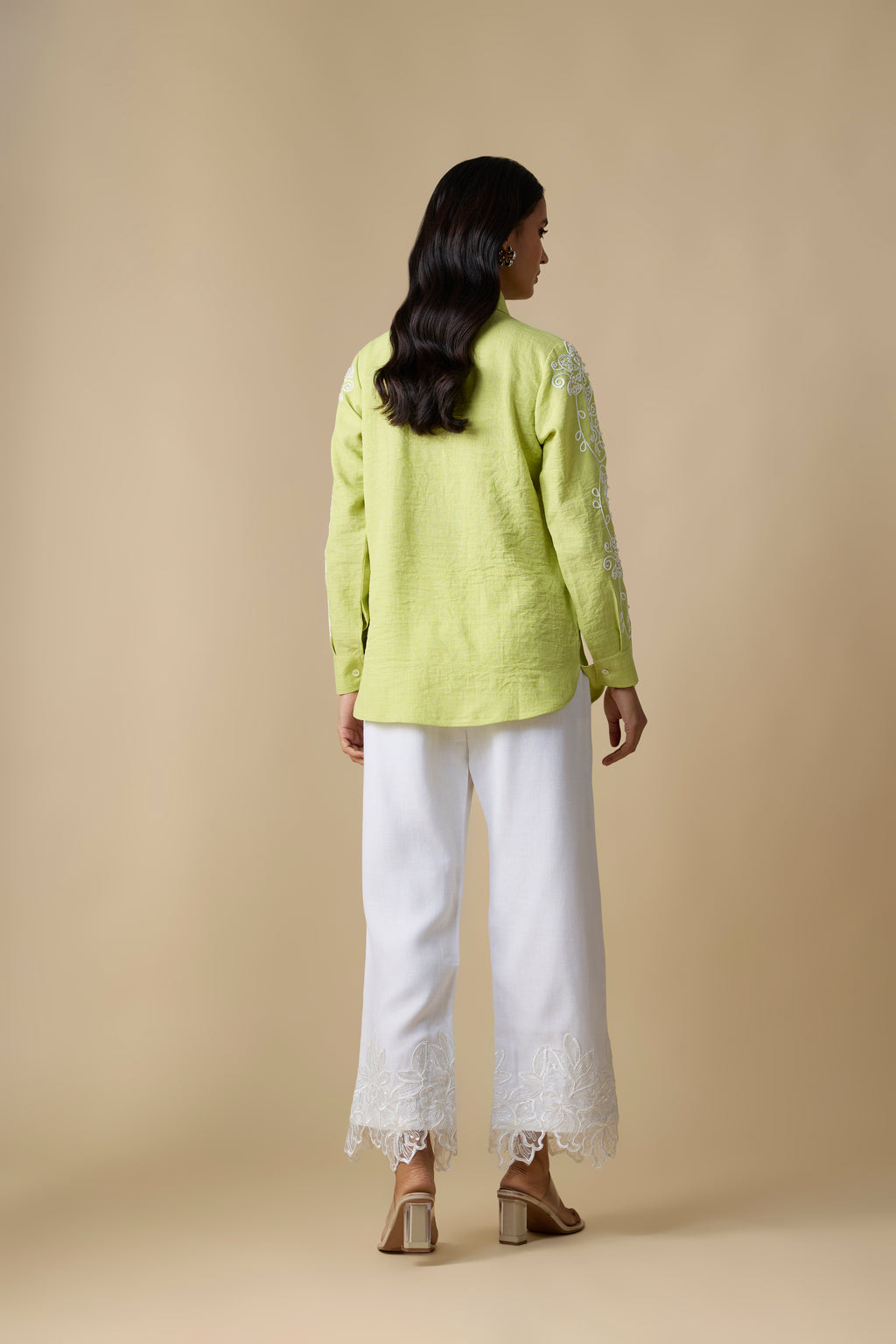 LIME GREEN EMBROIDERED SHIRT & WHITE PANTS