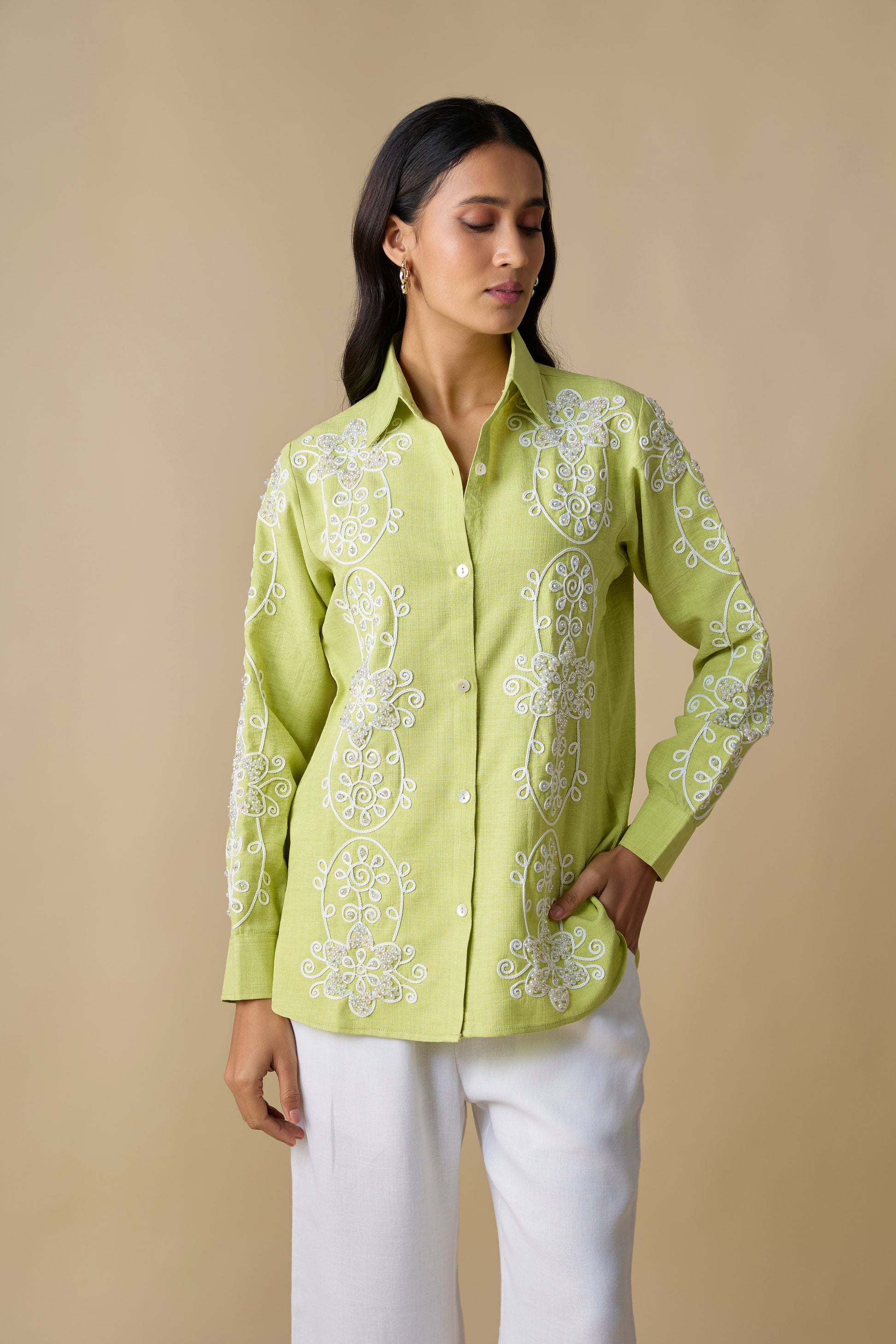 LIME GREEN EMBROIDERED SHIRT & WHITE PANTS