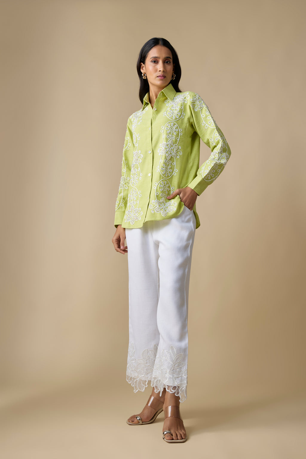 LIME GREEN EMBROIDERED SHIRT & WHITE PANTS