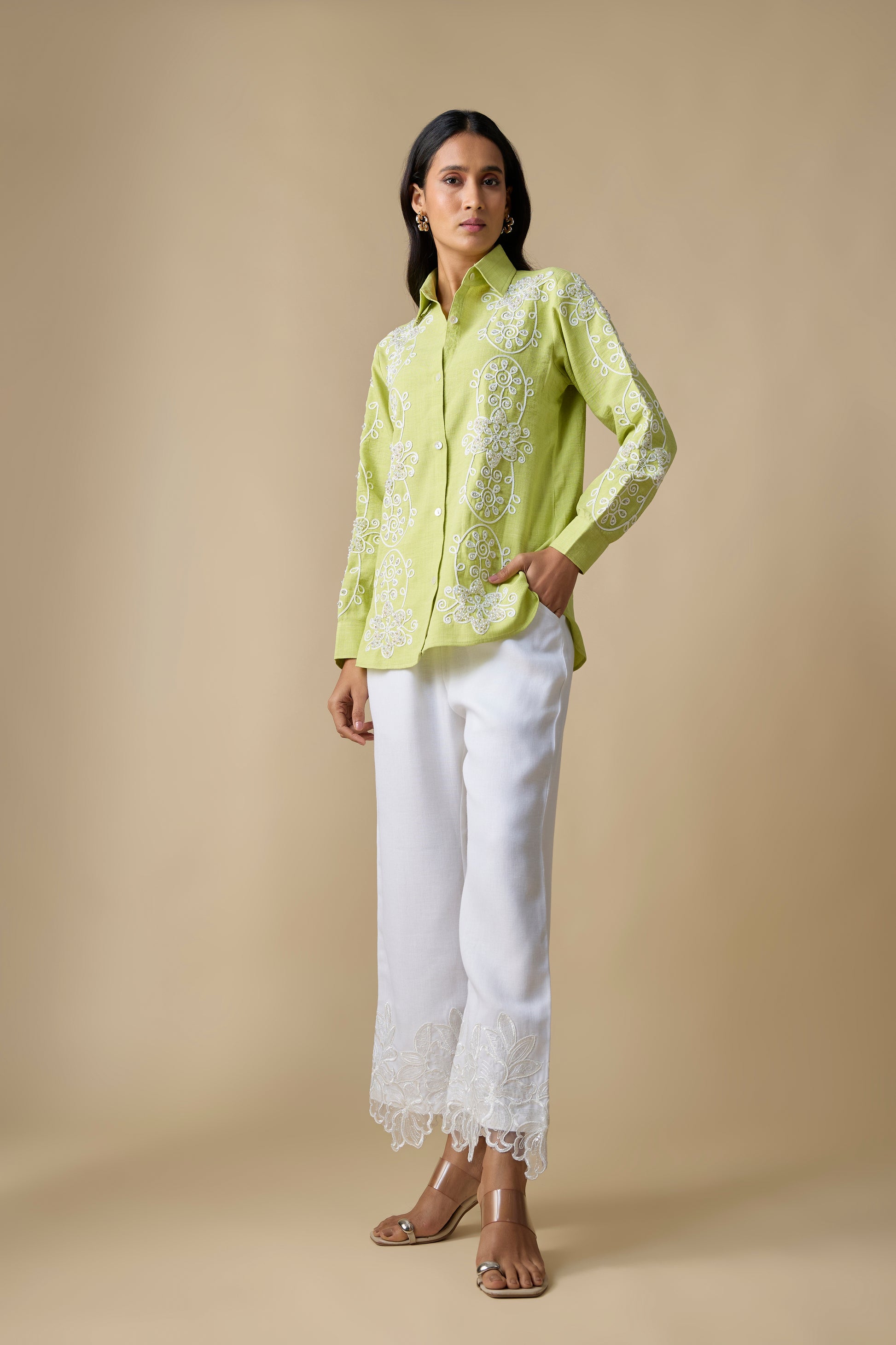 LIME GREEN EMBROIDERED SHIRT & WHITE PANTS